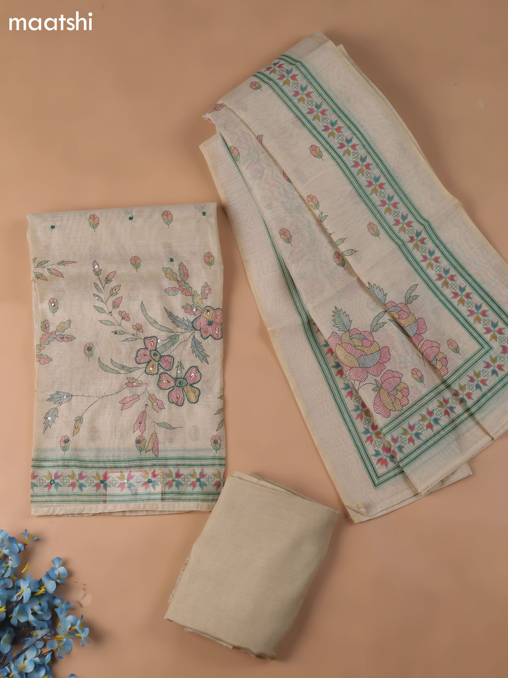 Sandal Chanderi Dress Material With Madhubani Prints & Pitta Work Neck Pattern and Bottom & Dupatta