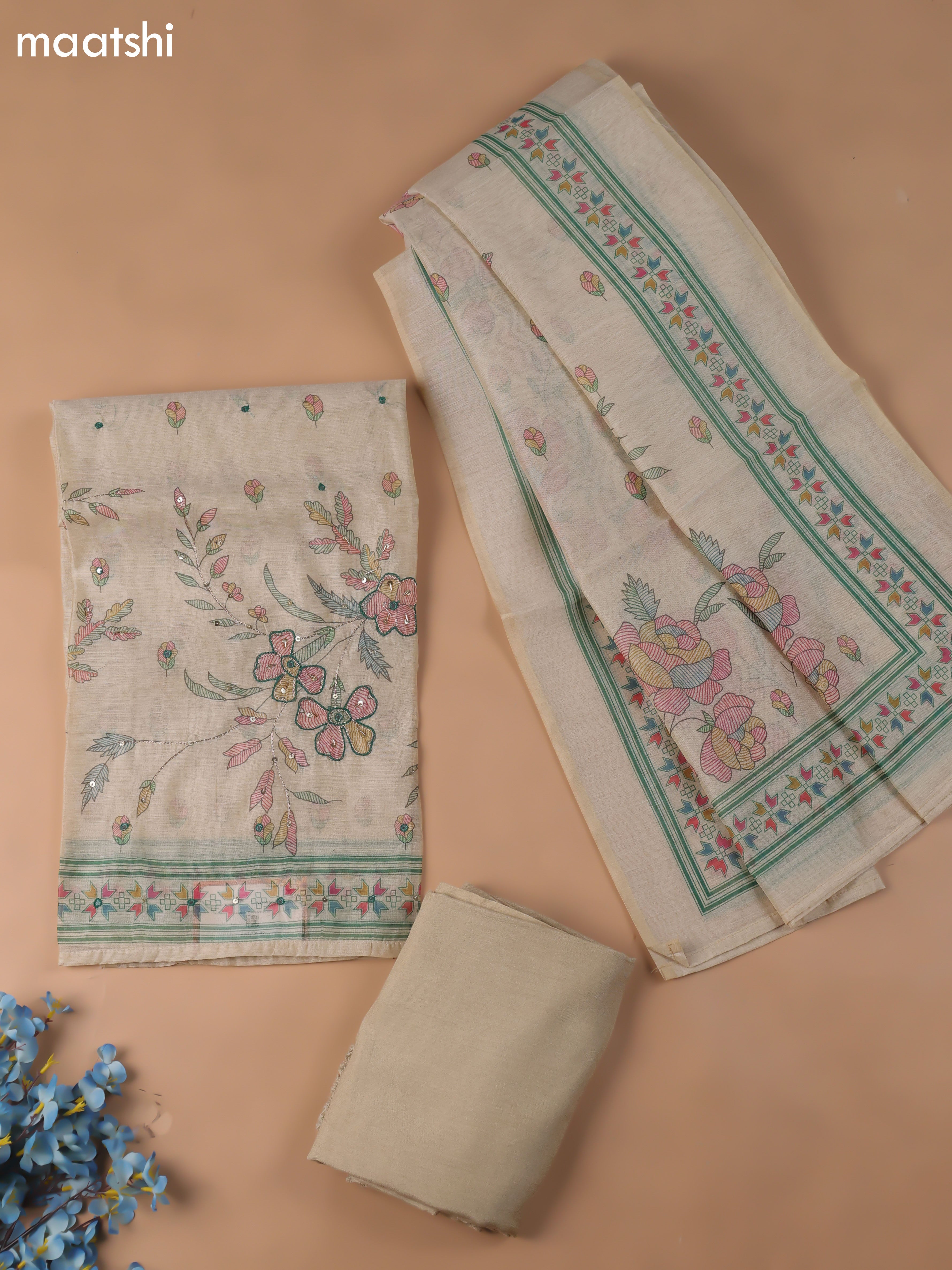 Sandal Chanderi Dress Material With Madhubani Prints & Pitta Work Neck Pattern and Bottom & Dupatta