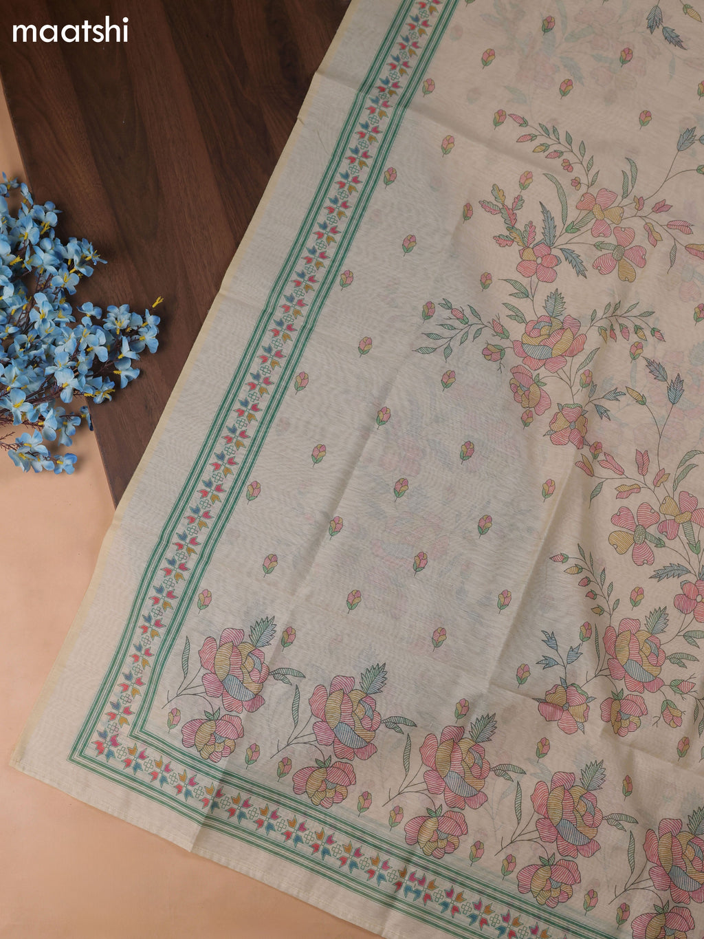 Sandal Chanderi Dress Material With Madhubani Prints & Pitta Work Neck Pattern and Bottom & Dupatta