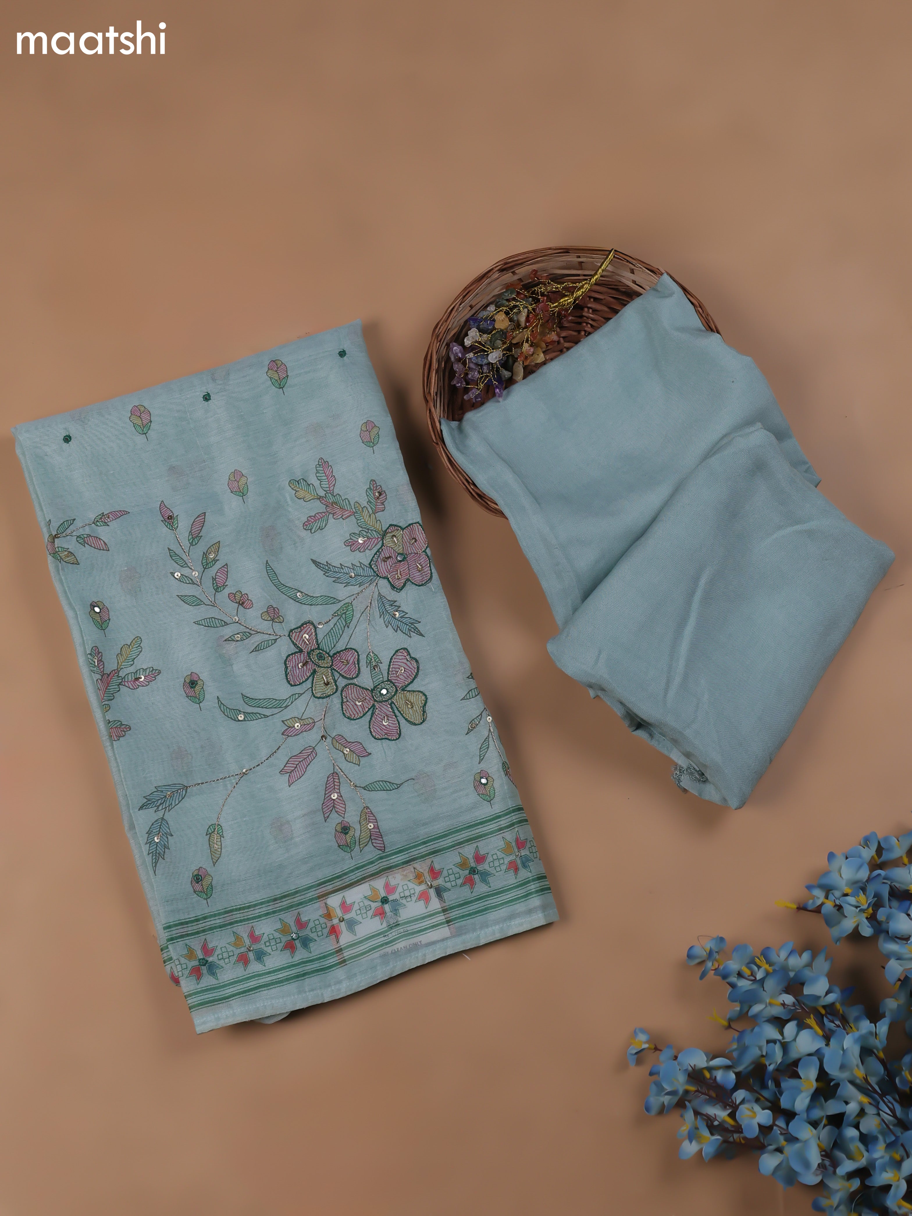 Blue Chanderi Dress Material With Madhubani Prints & Pitta Work Neck Pattern and Bottom & Dupatta