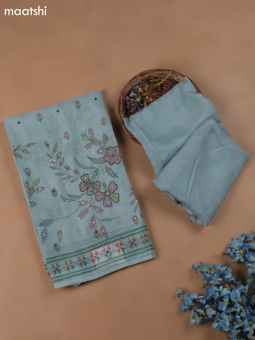 Blue Chanderi Dress Material With Madhubani Prints & Pitta Work Neck Pattern and Bottom & Dupatta