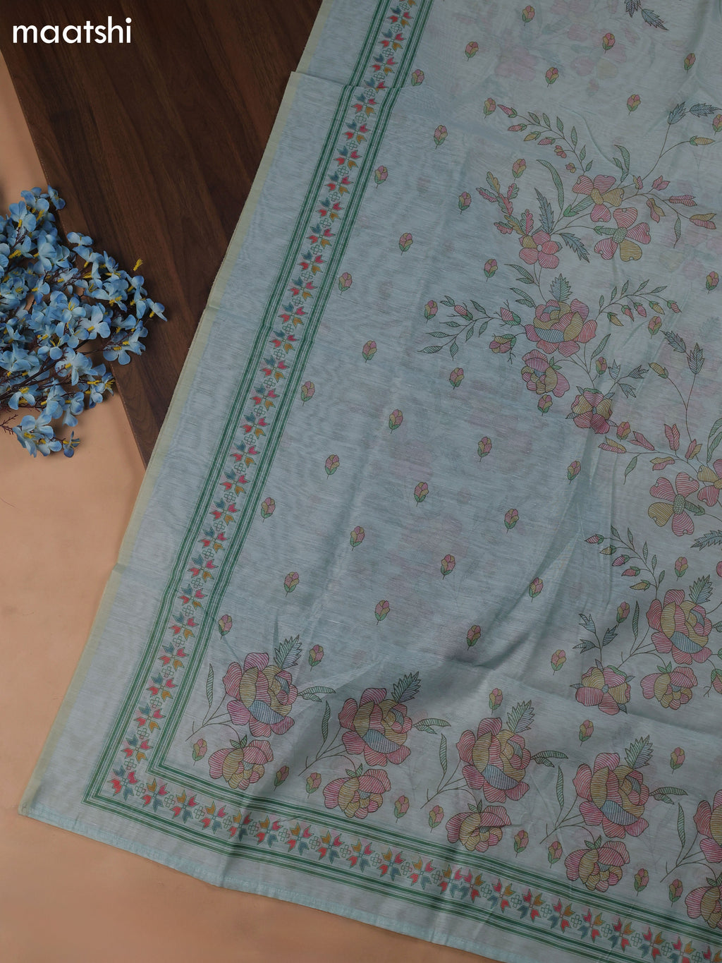 Blue Chanderi Dress Material With Madhubani Prints & Pitta Work Neck Pattern and Bottom & Dupatta