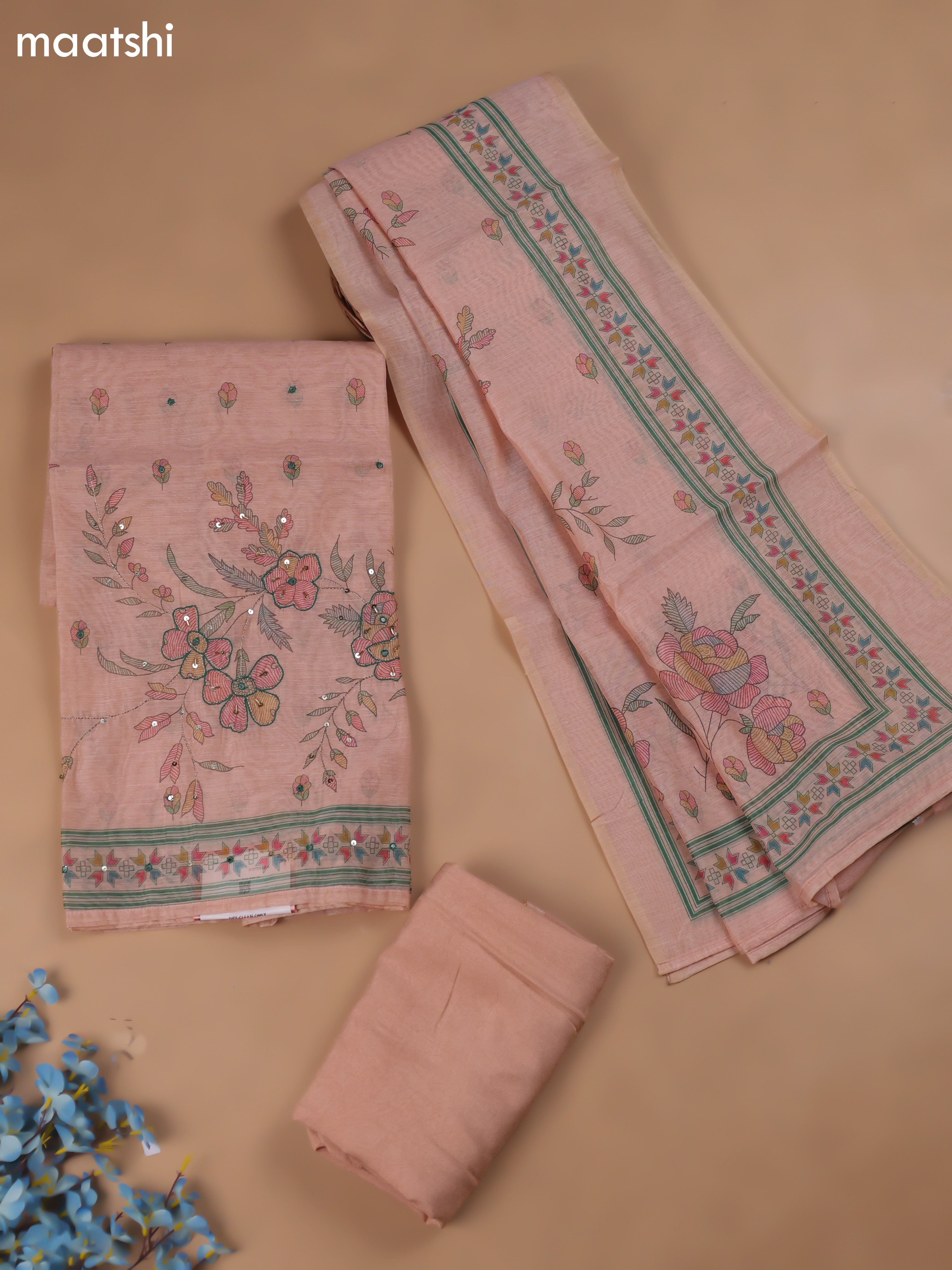 Peach Chanderi Dress Material With Madhubani Prints & Pitta Work Neck Pattern and Bottom & Dupatta