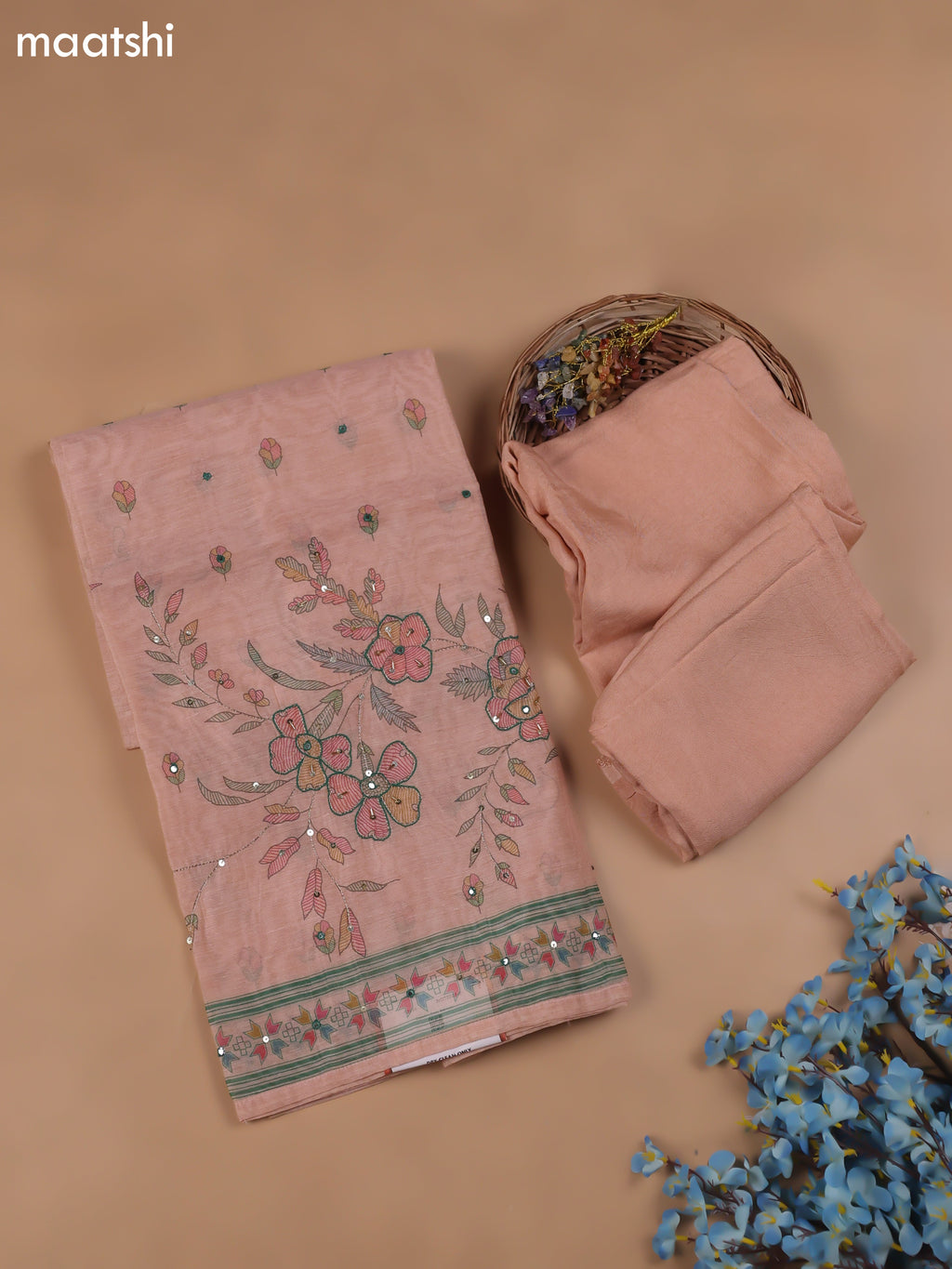Peach Chanderi Dress Material With Madhubani Prints & Pitta Work Neck Pattern and Bottom & Dupatta