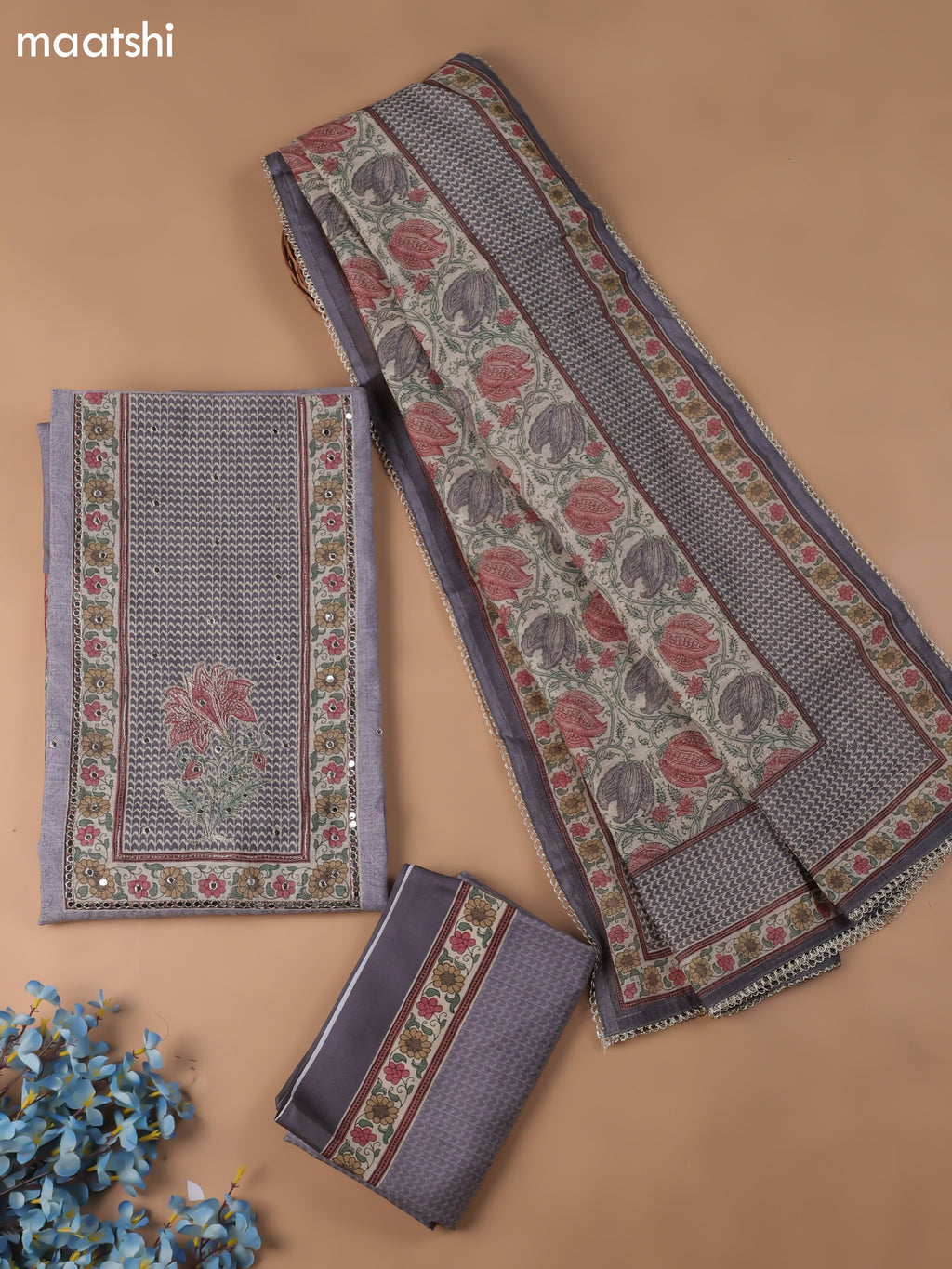 Grey Chanderi Dress Material With Floral Prints & Pitta Work Neck Pattern and Bottom & Dupatta