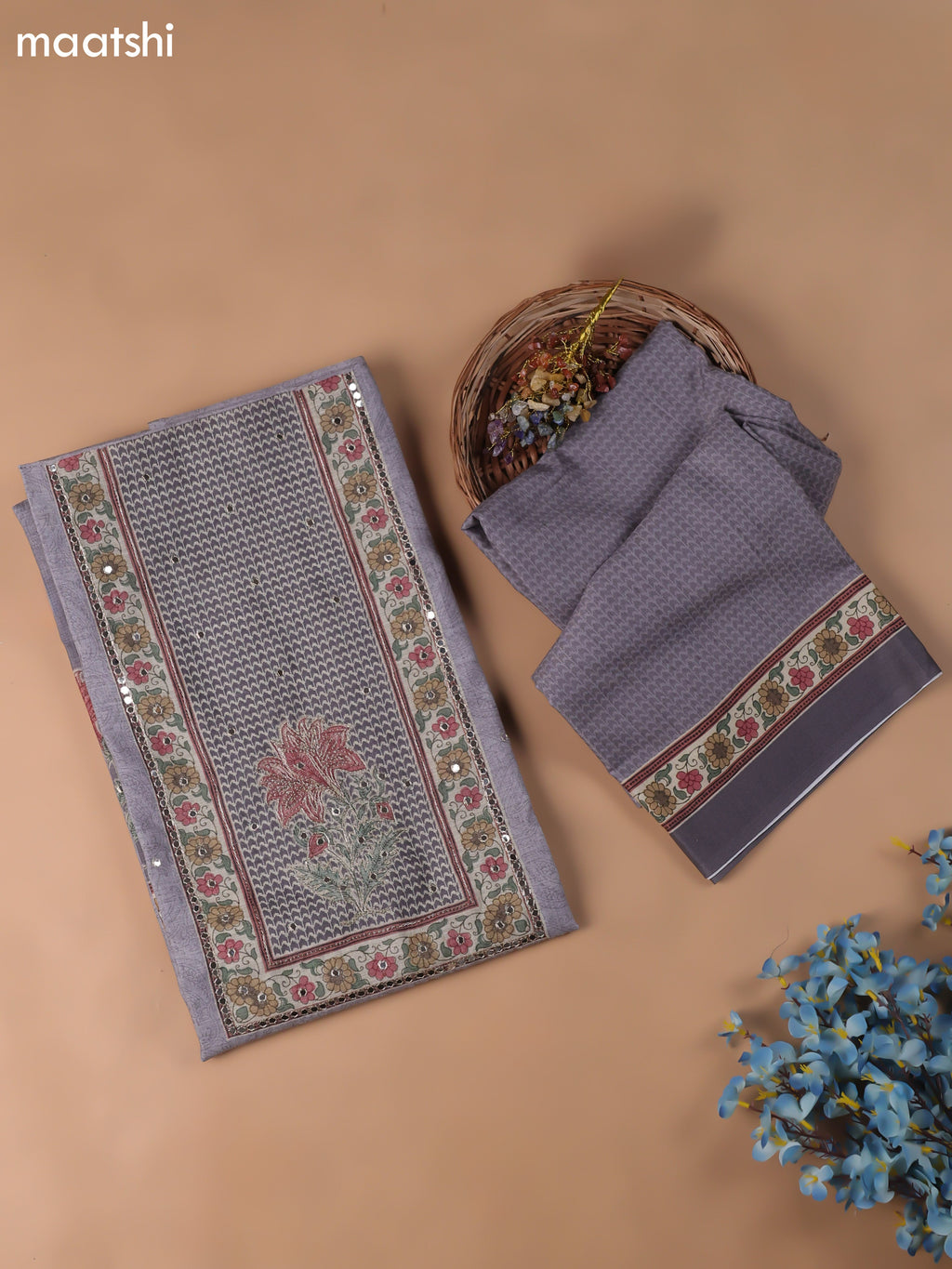 Grey Chanderi Dress Material With Floral Prints & Pitta Work Neck Pattern and Bottom & Dupatta
