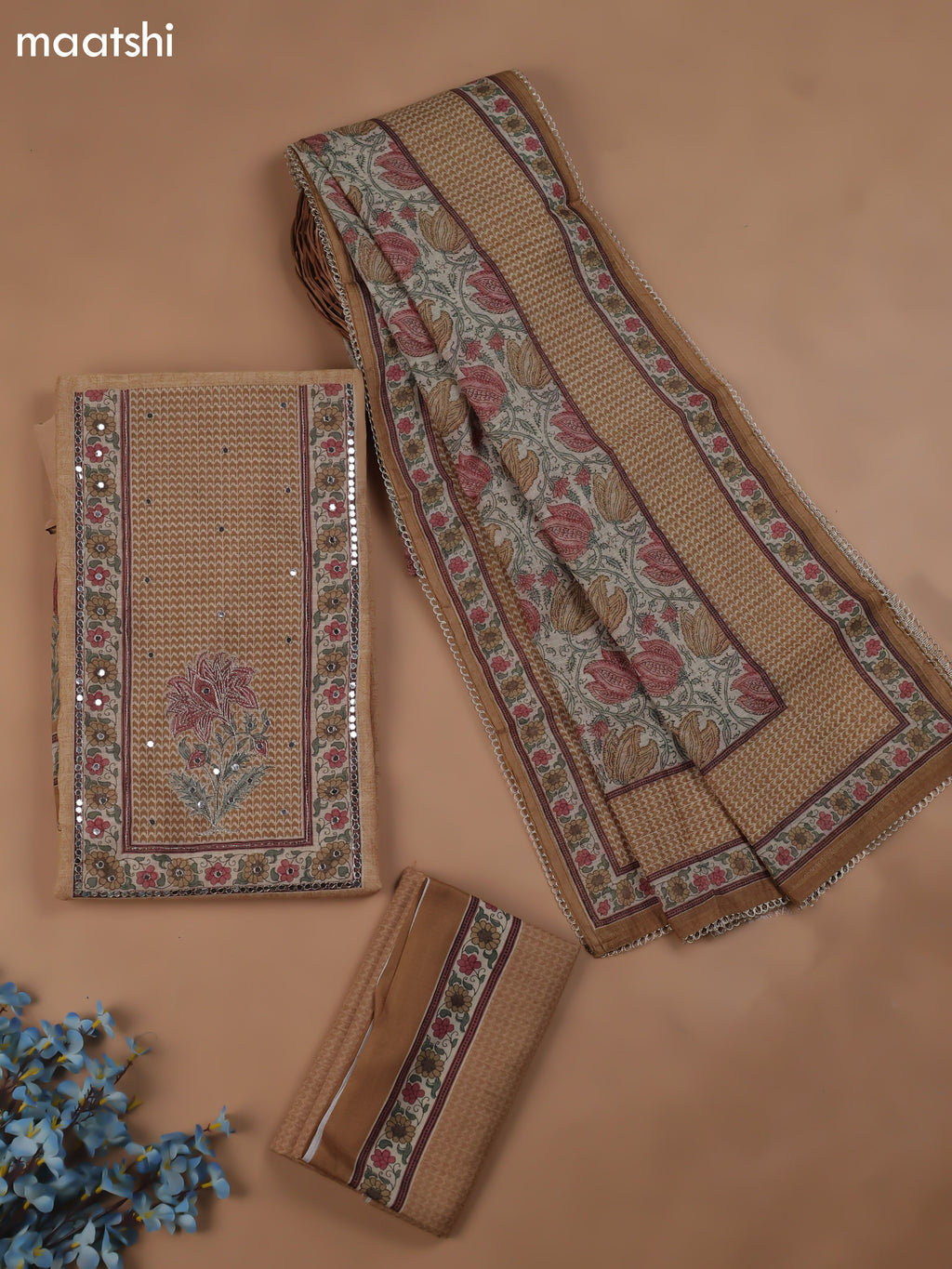 Mustard Chanderi Dress Material With Floral Prints & Pitta Work Neck Pattern and Bottom & Dupatta