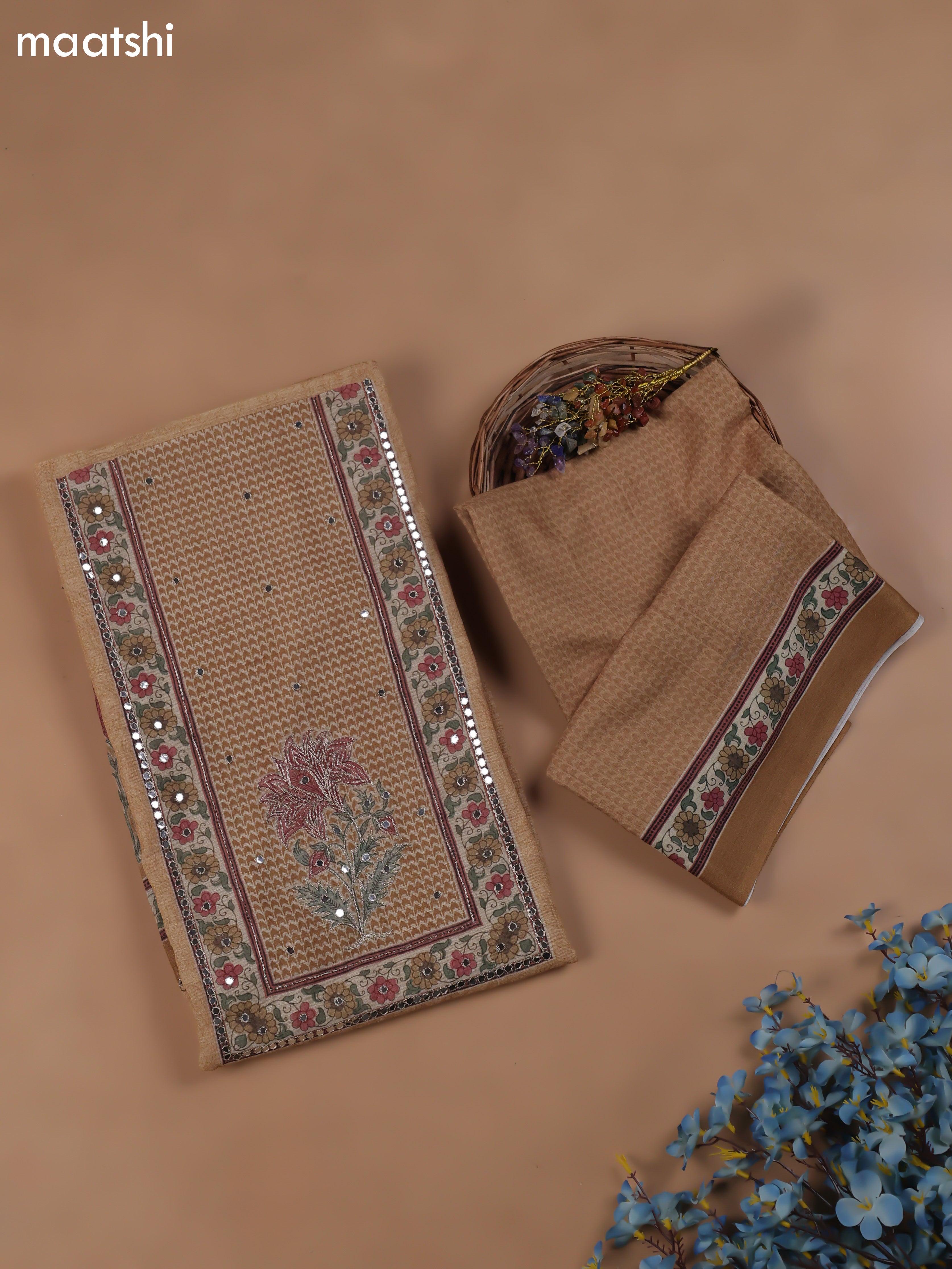 Mustard Chanderi Dress Material With Floral Prints & Pitta Work Neck Pattern and Bottom & Dupatta