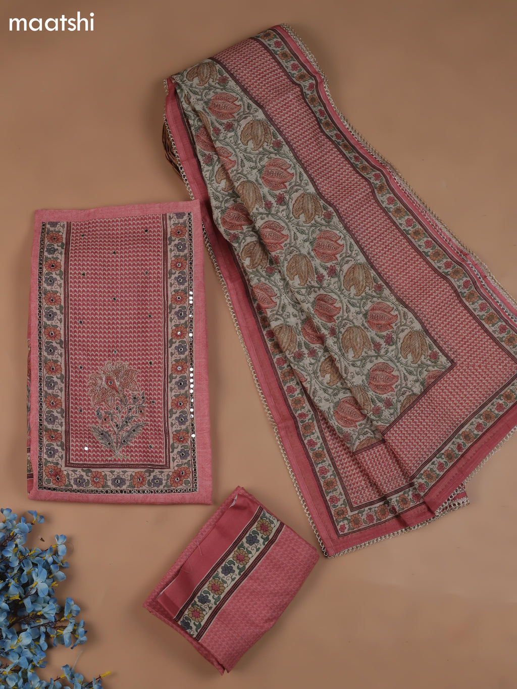 Pink Chanderi Dress Material With Floral Prints & Pitta Work Neck Pattern and Bottom & Dupatta