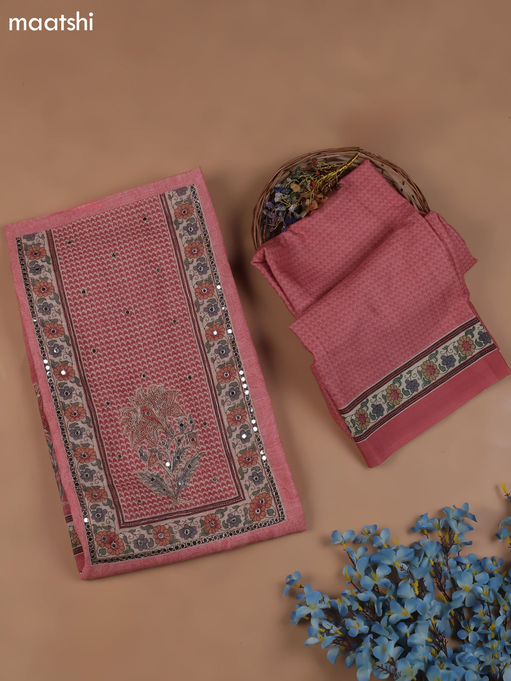 Pink Chanderi Dress Material With Floral Prints & Pitta Work Neck Pattern and Bottom & Dupatta