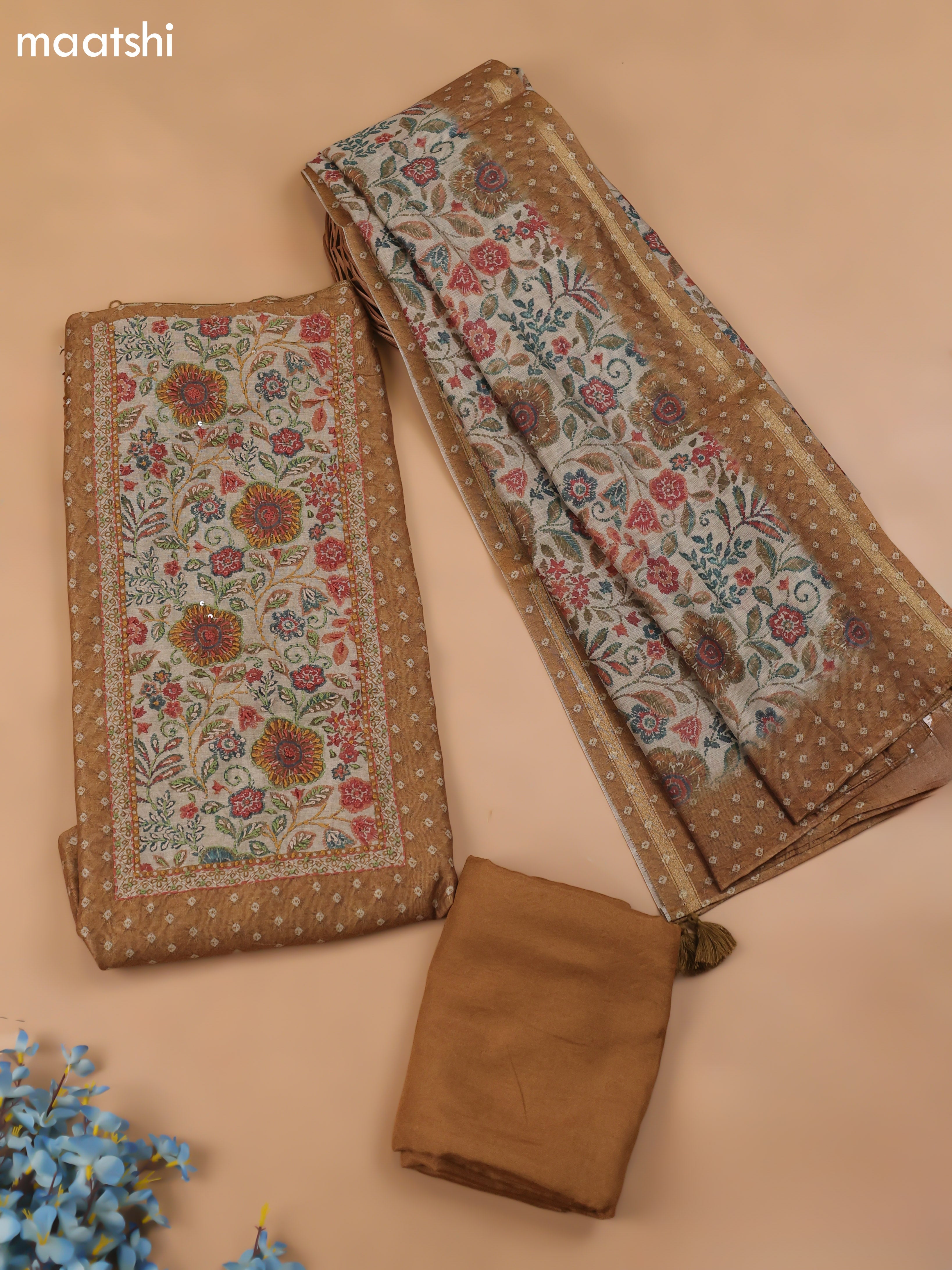 Dark Mustard Chanderi Dress Material With Allover Butta Print & Kantha Work and Bottom & Dupatta