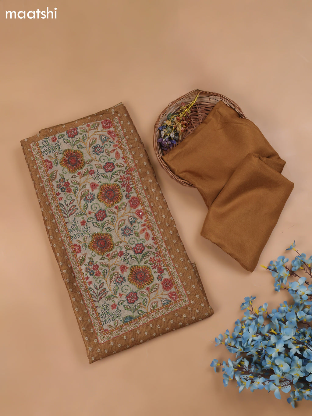 Dark Mustard Chanderi Dress Material With Allover Butta Print & Kantha Work and Bottom & Dupatta