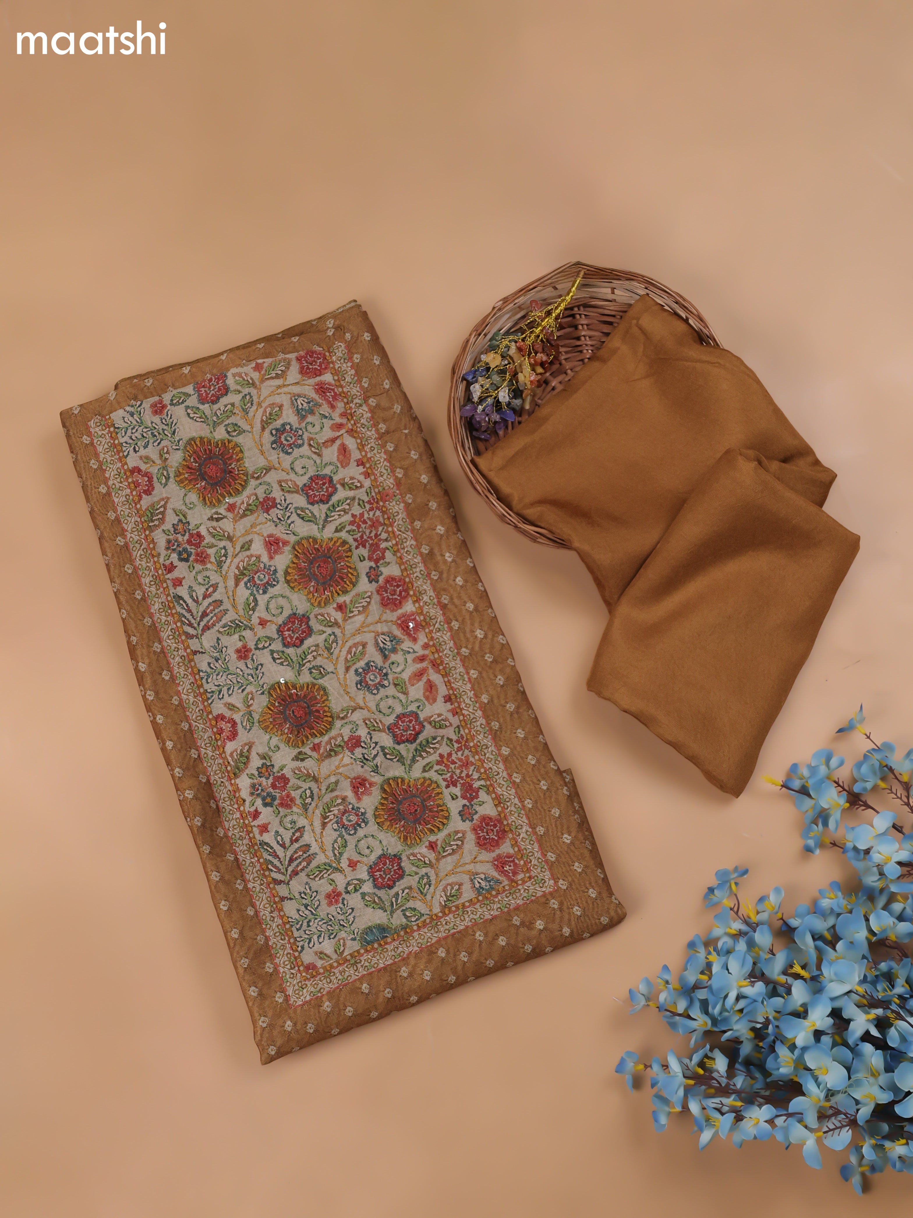 Dark Mustard Chanderi Dress Material With Allover Butta Print & Kantha Work and Bottom & Dupatta
