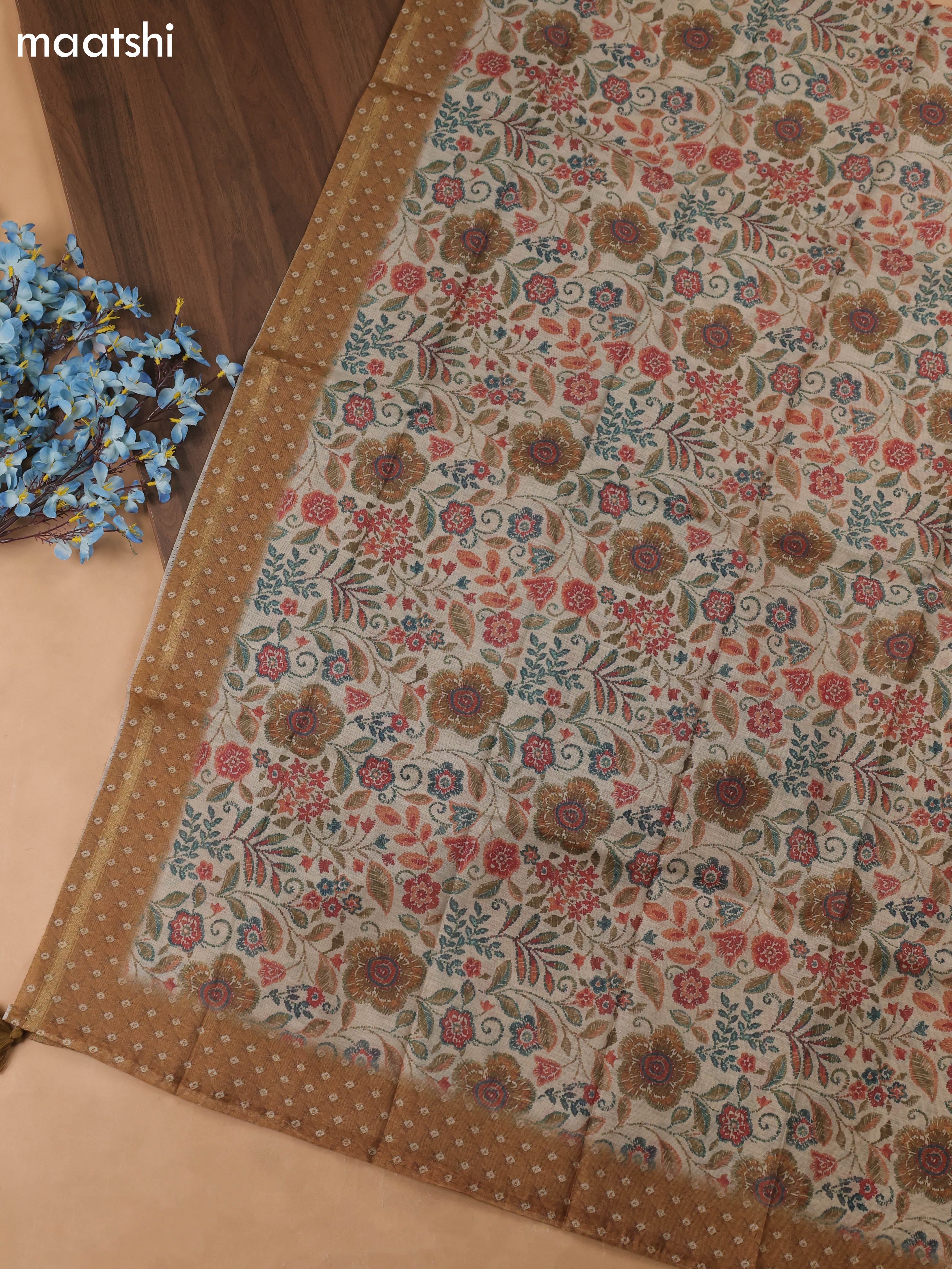 Dark Mustard Chanderi Dress Material With Allover Butta Print & Kantha Work and Bottom & Dupatta