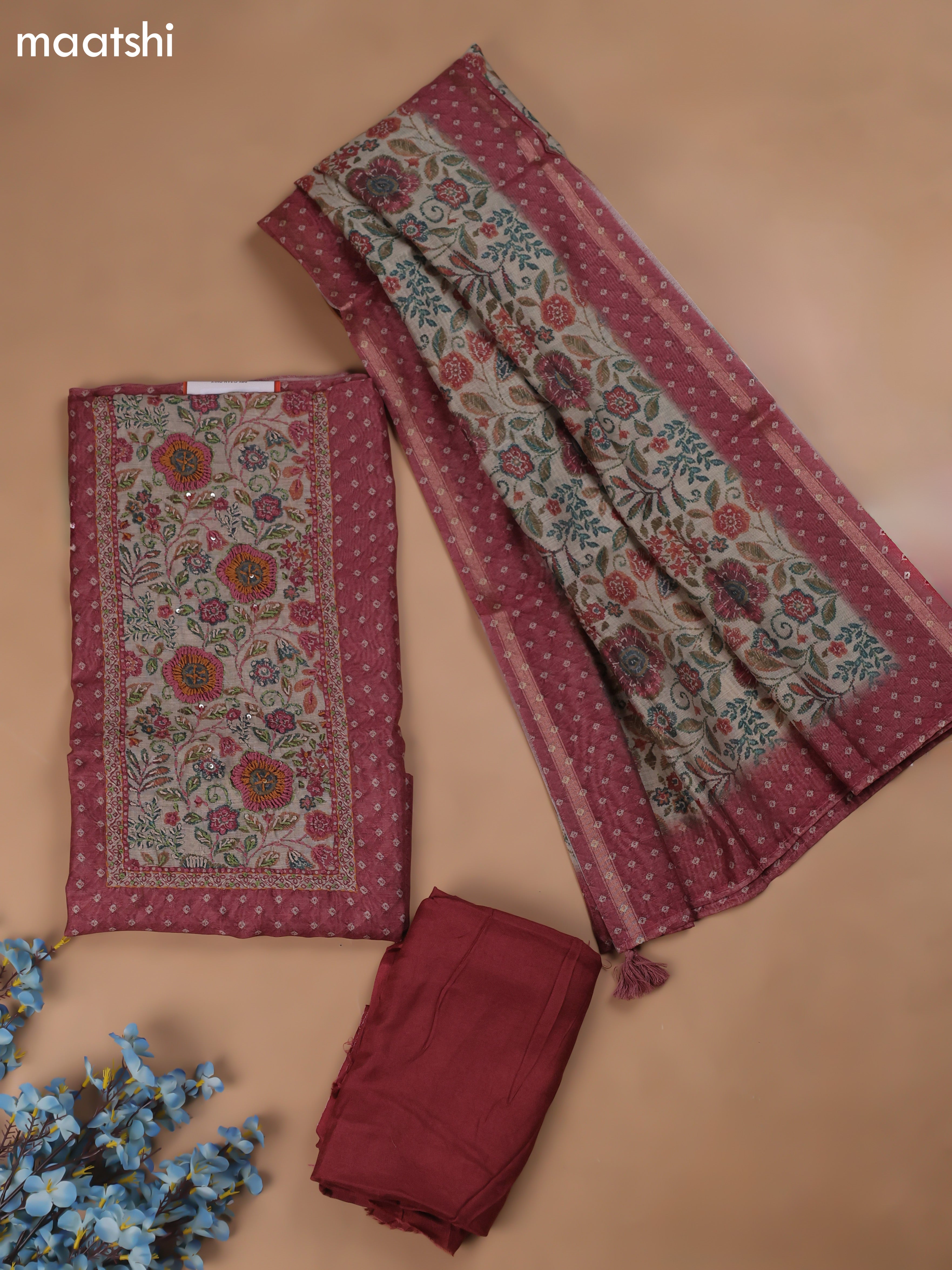 Mauve Pink Chanderi Dress Material With Allover Butta Print & Kantha Work and Bottom & Dupatta
