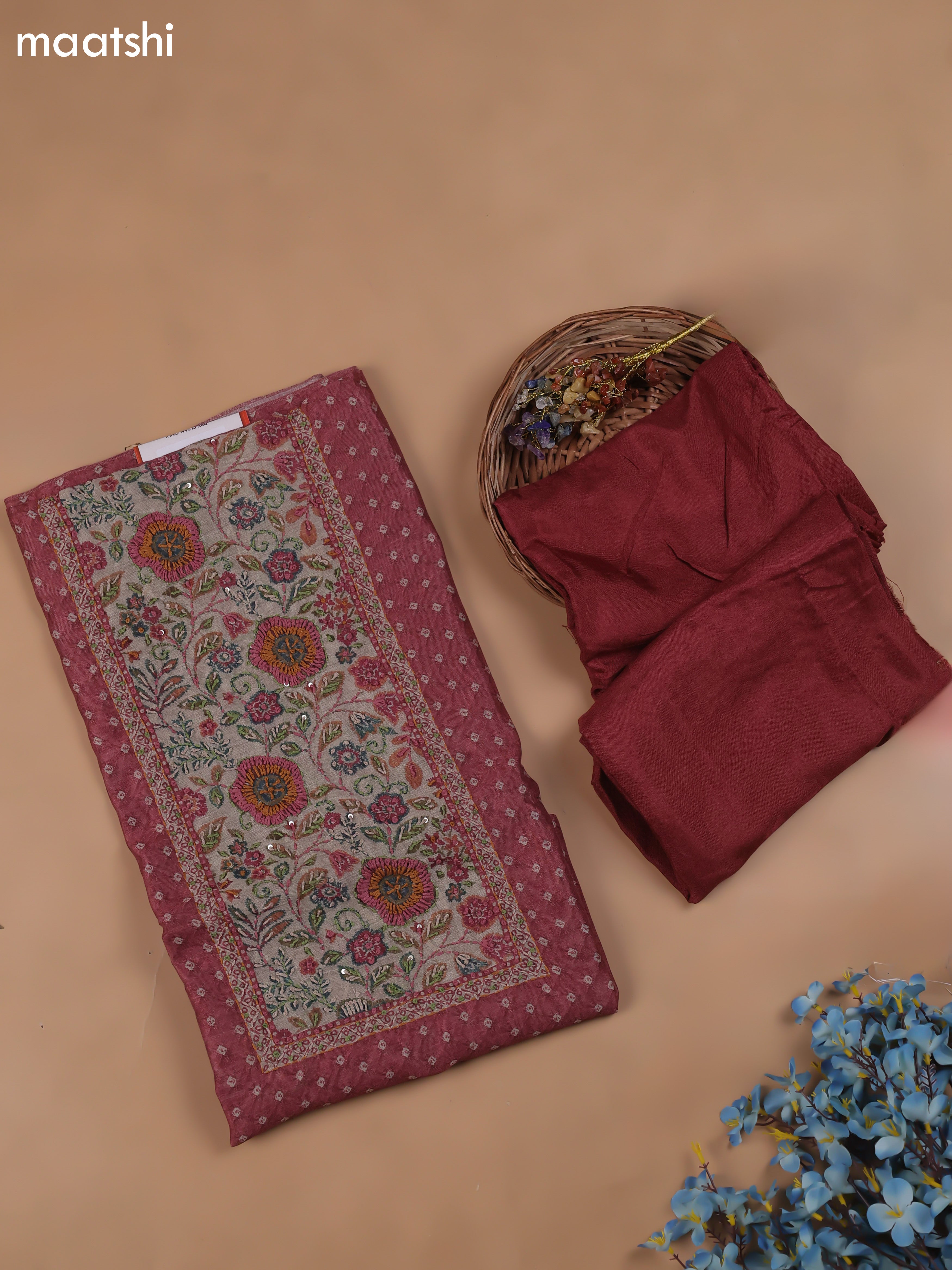 Mauve Pink Chanderi Dress Material With Allover Butta Print & Kantha Work and Bottom & Dupatta