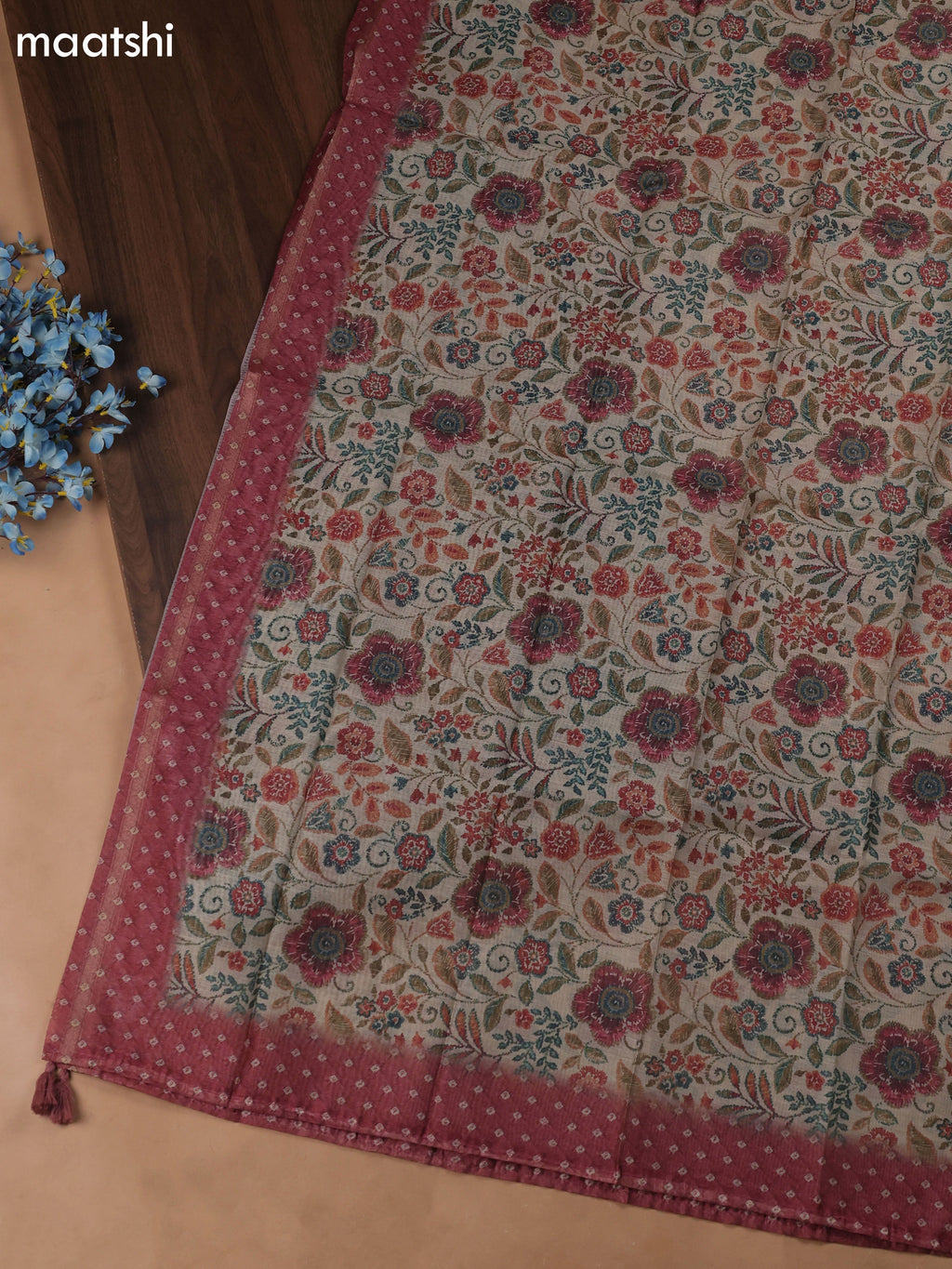 Mauve Pink Chanderi Dress Material With Allover Butta Print & Kantha Work and Bottom & Dupatta