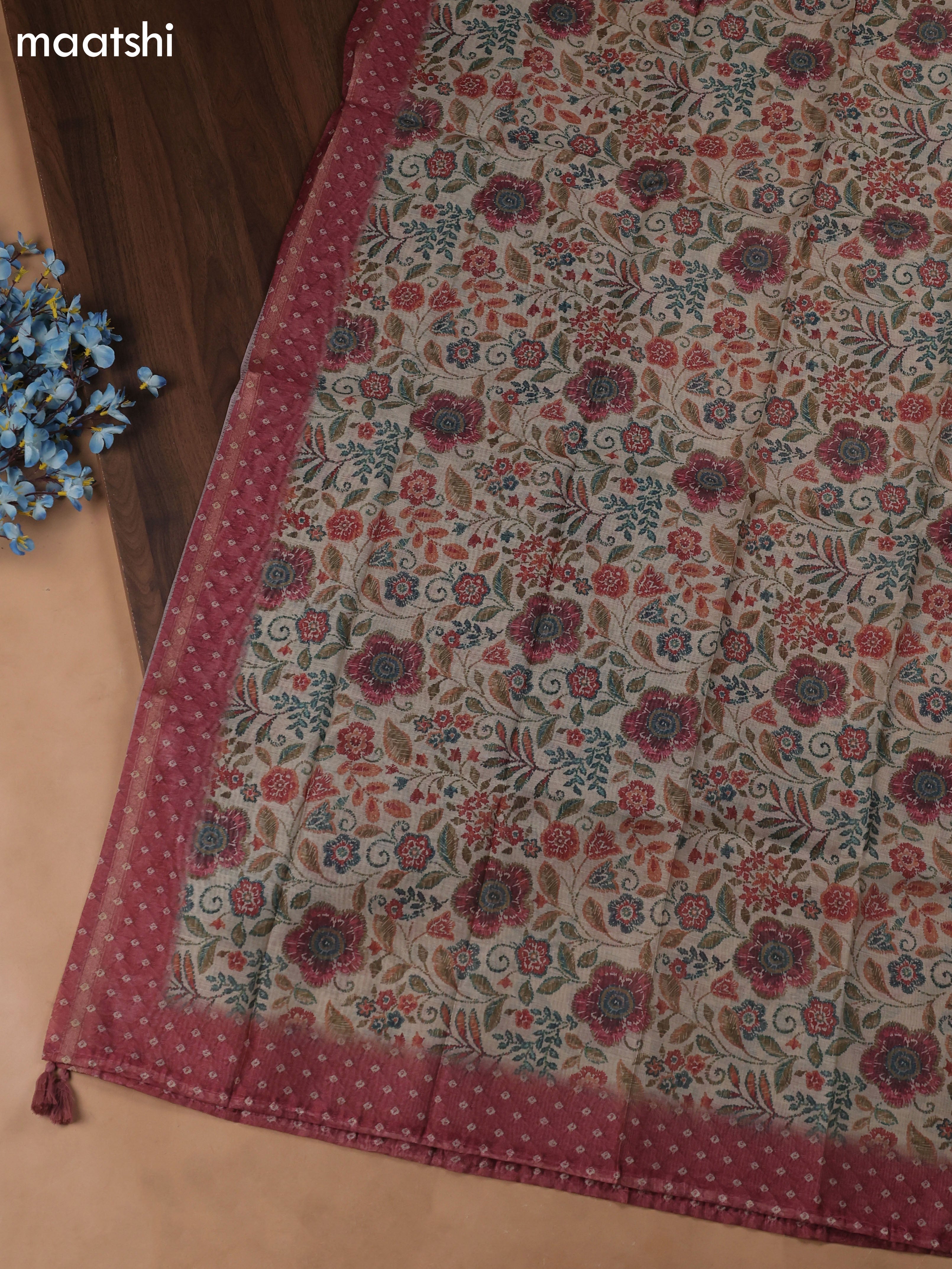 Mauve Pink Chanderi Dress Material With Allover Butta Print & Kantha Work and Bottom & Dupatta