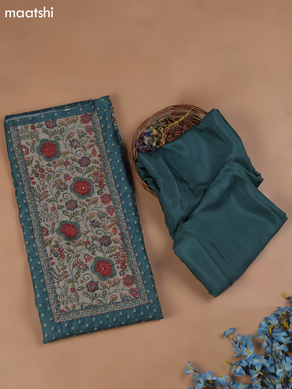 Blue Chanderi Dress Material With Allover Butta Print & Kantha Work and Bottom & Dupatta