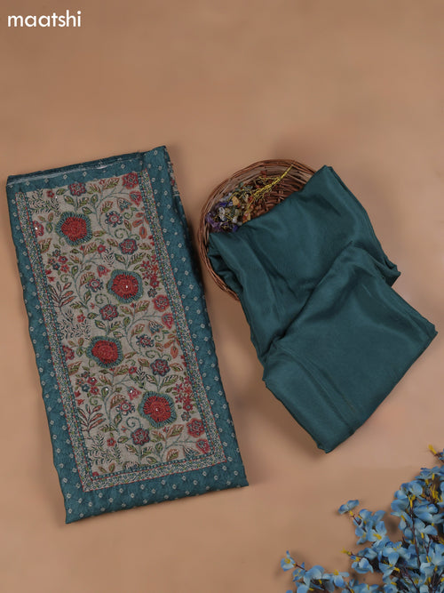 Blue Chanderi Dress Material With Allover Butta Print & Kantha Work and Bottom & Dupatta
