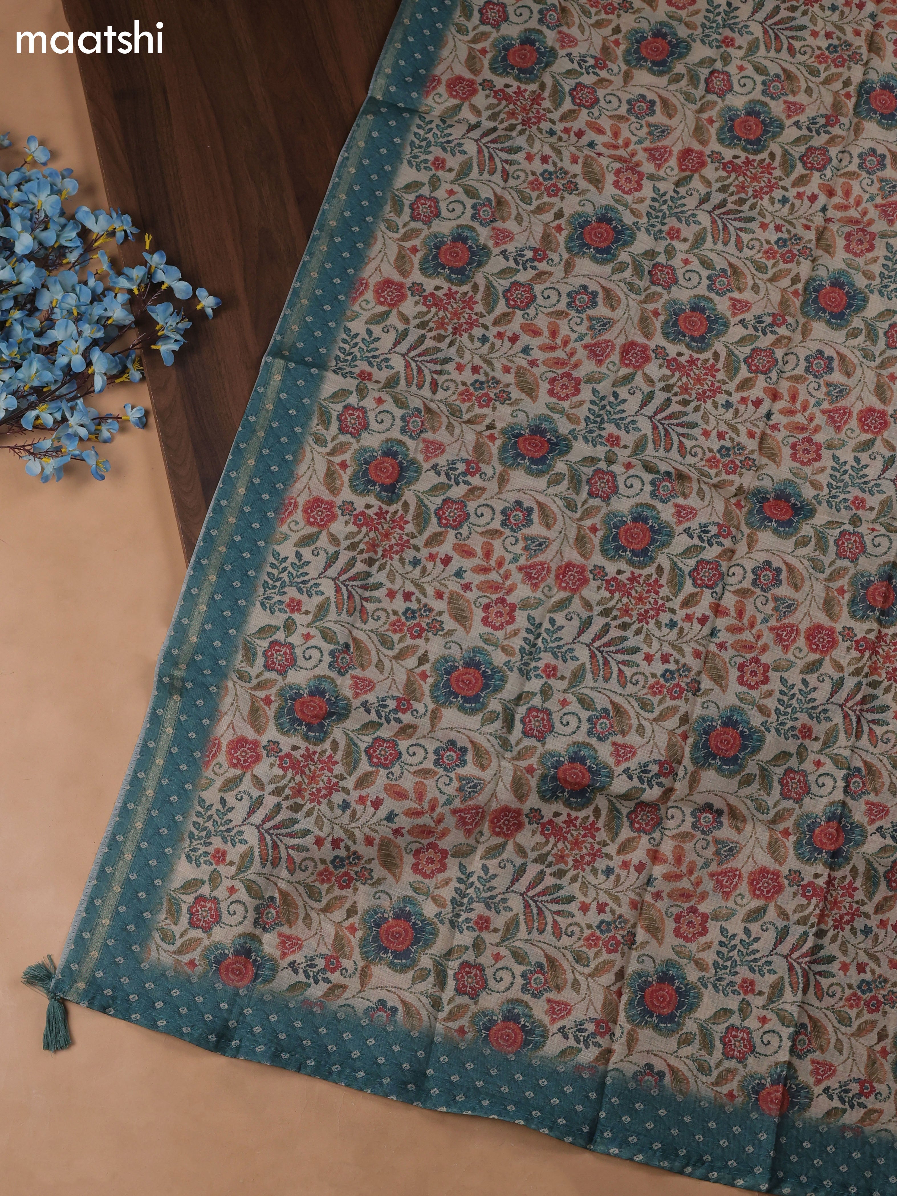 Blue Chanderi Dress Material With Allover Butta Print & Kantha Work and Bottom & Dupatta