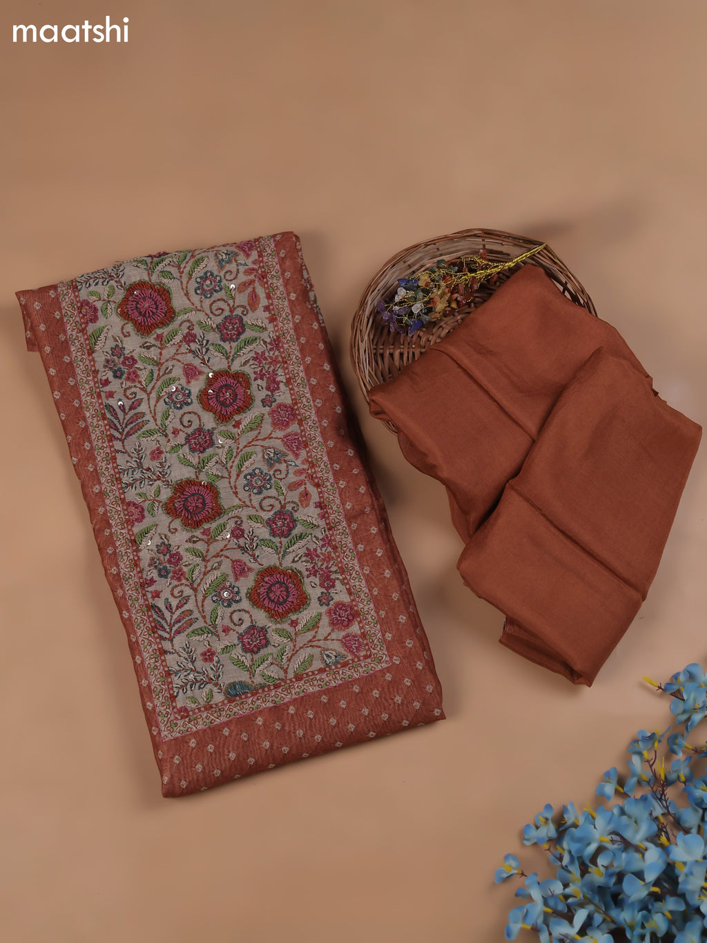 Brown Chanderi Dress Material With Allover Butta Print & Kantha Work and Bottom & Dupatta