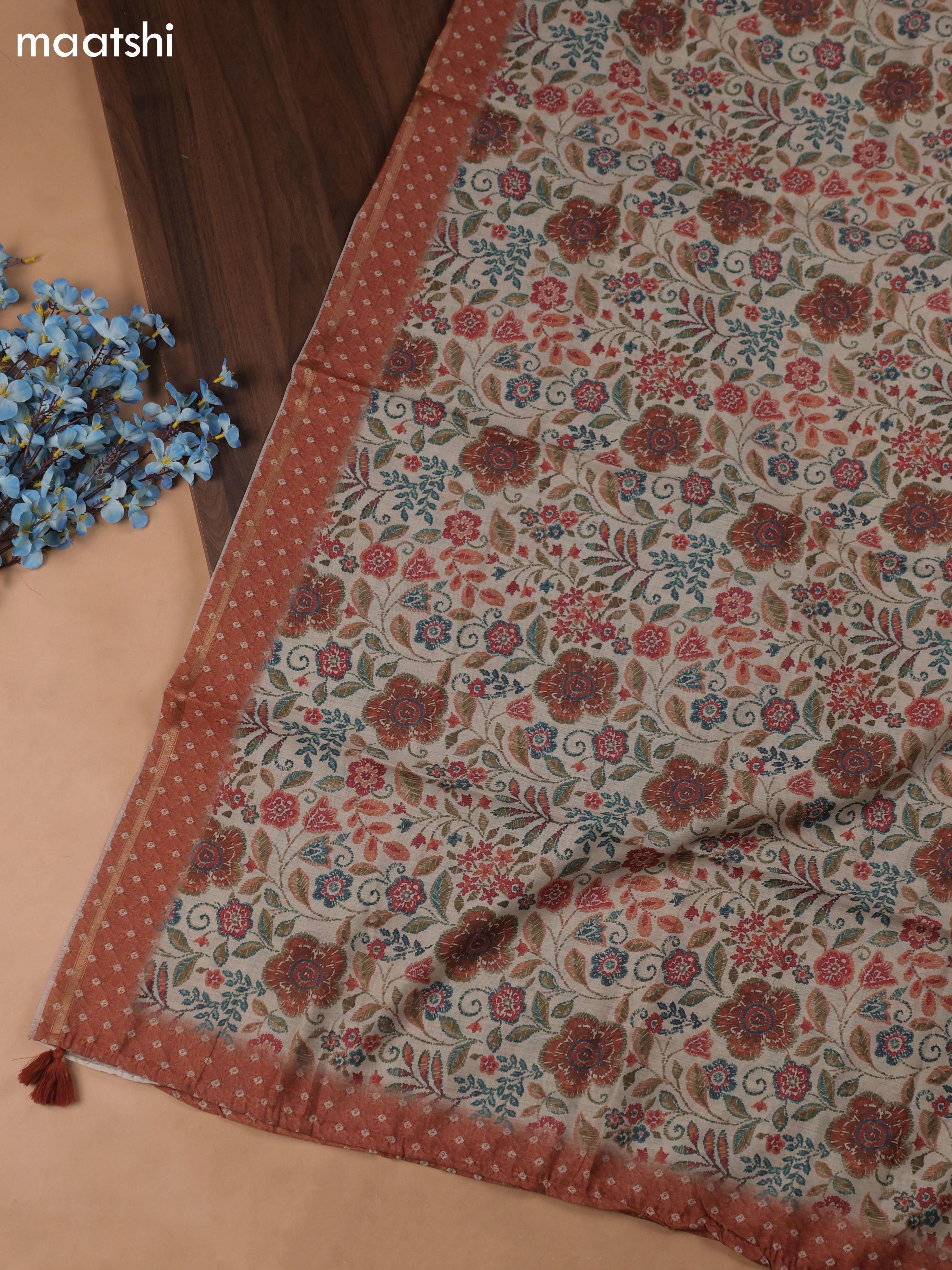Brown Chanderi Dress Material With Allover Butta Print & Kantha Work and Bottom & Dupatta