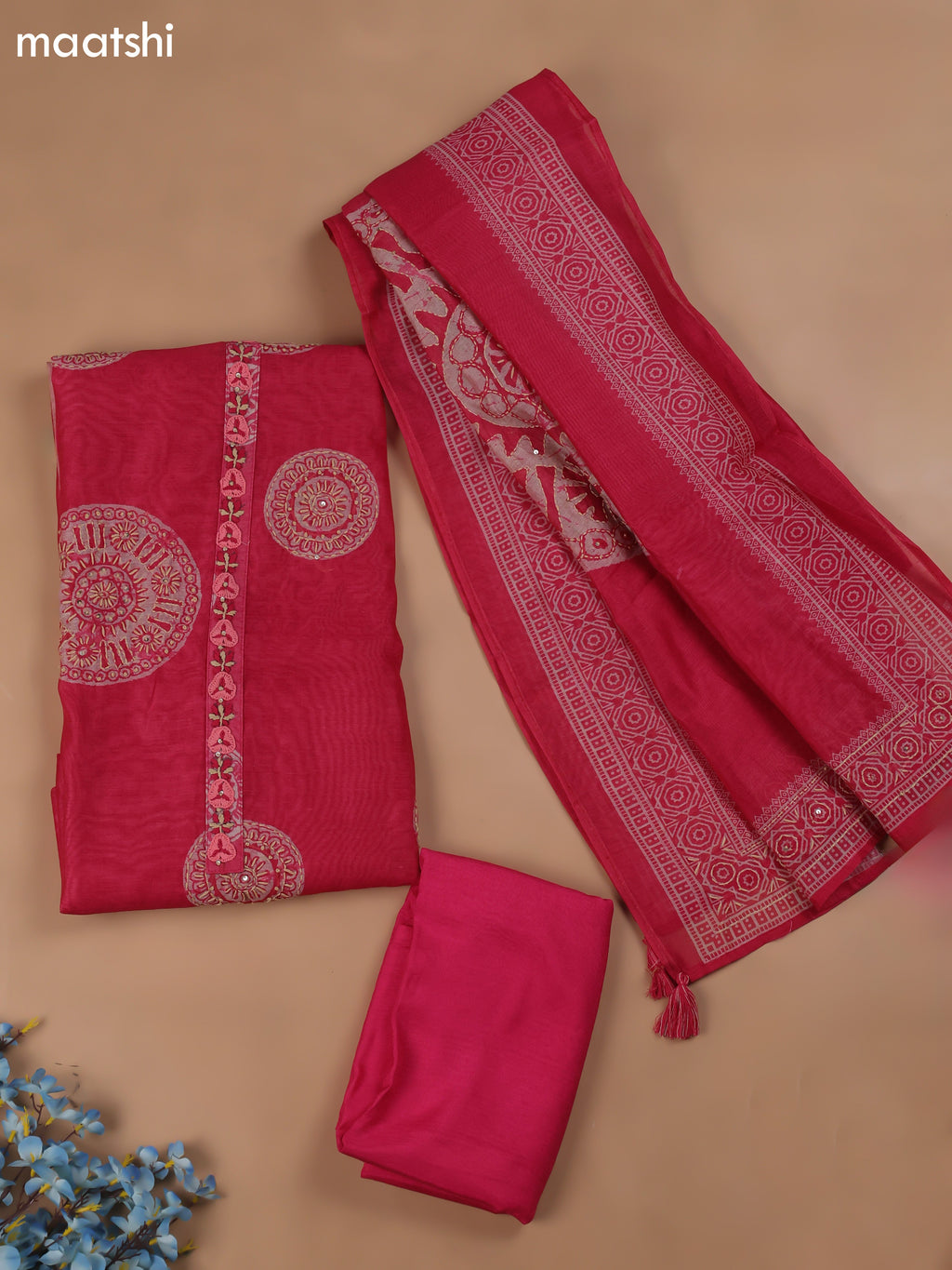 Pink Chanderi Dress Material With Kantha Stich Pattern and Bottom & Dupatta