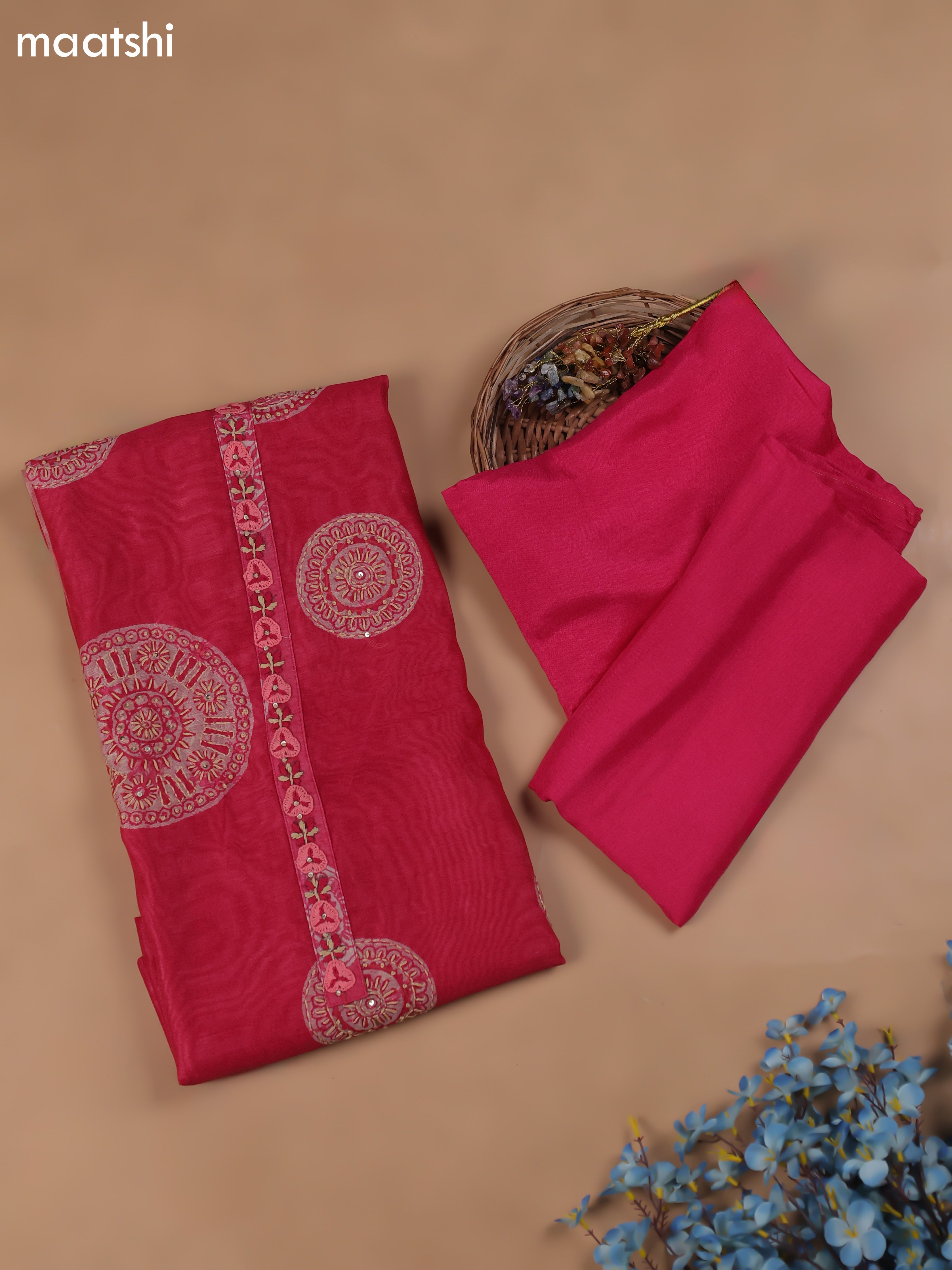 Pink Chanderi Dress Material With Kantha Stich Pattern and Bottom & Dupatta