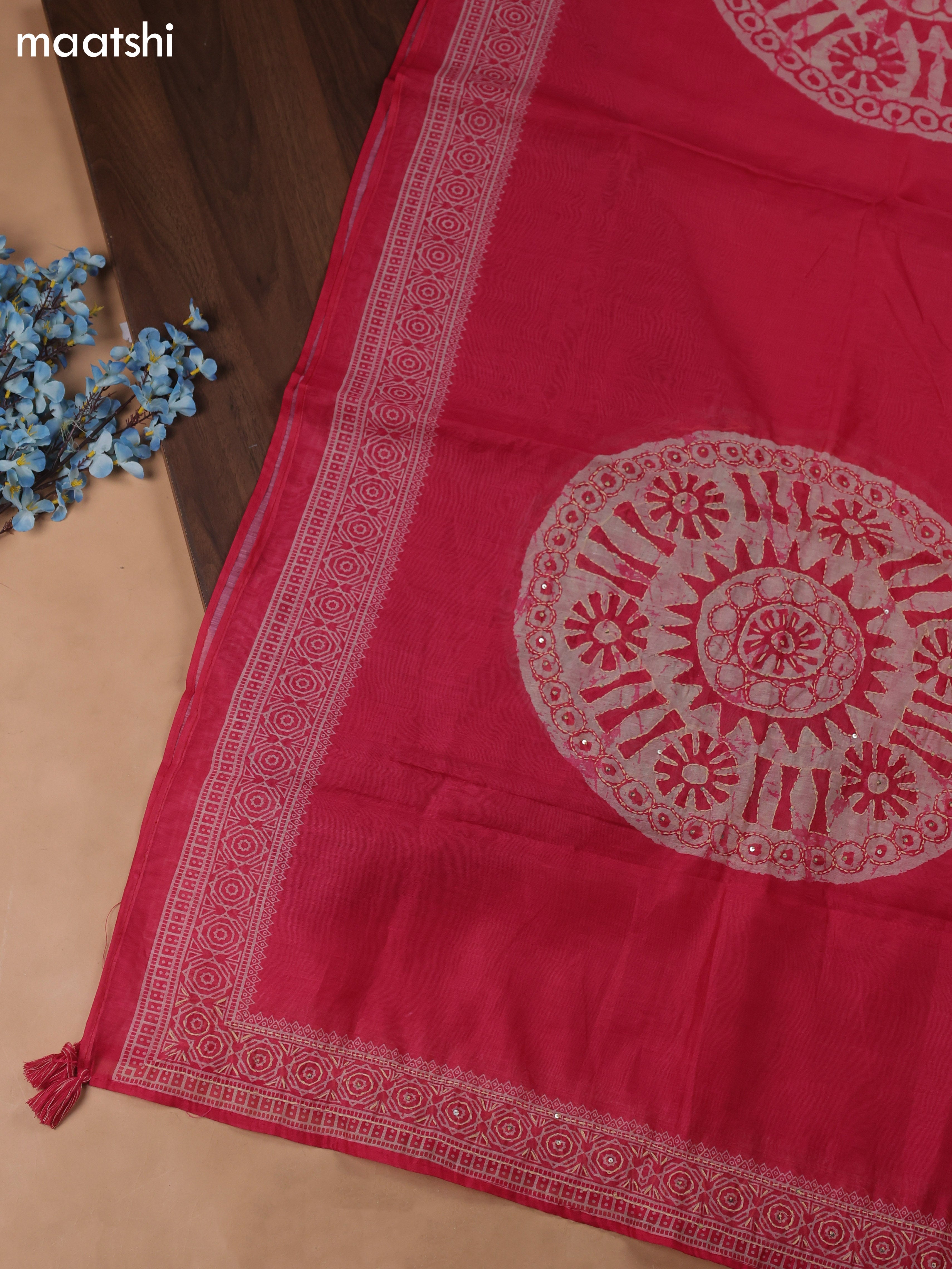 Pink Chanderi Dress Material With Kantha Stich Pattern and Bottom & Dupatta