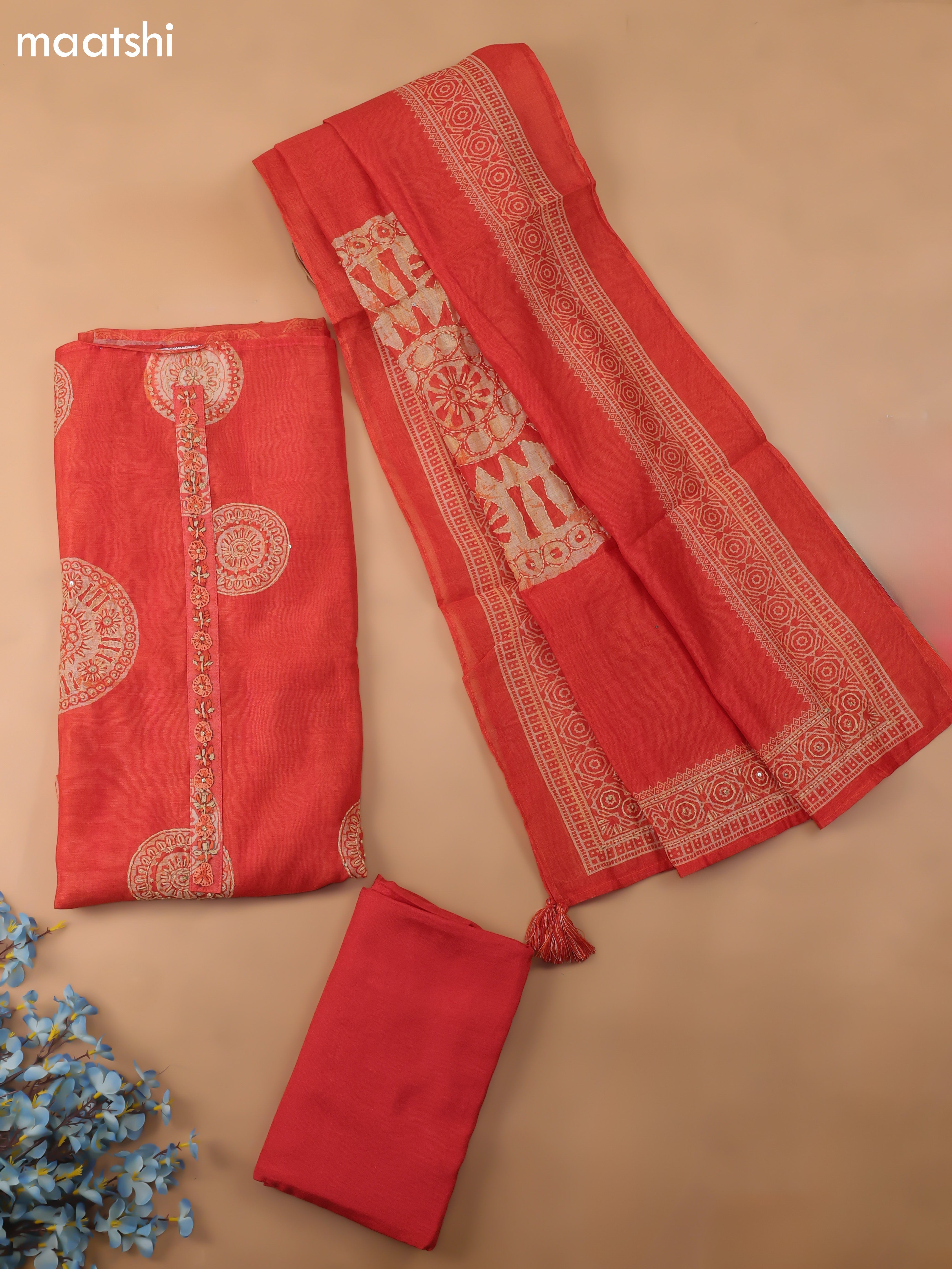 Orange Chanderi Dress Material With Kantha Stich Pattern and Bottom & Dupatta