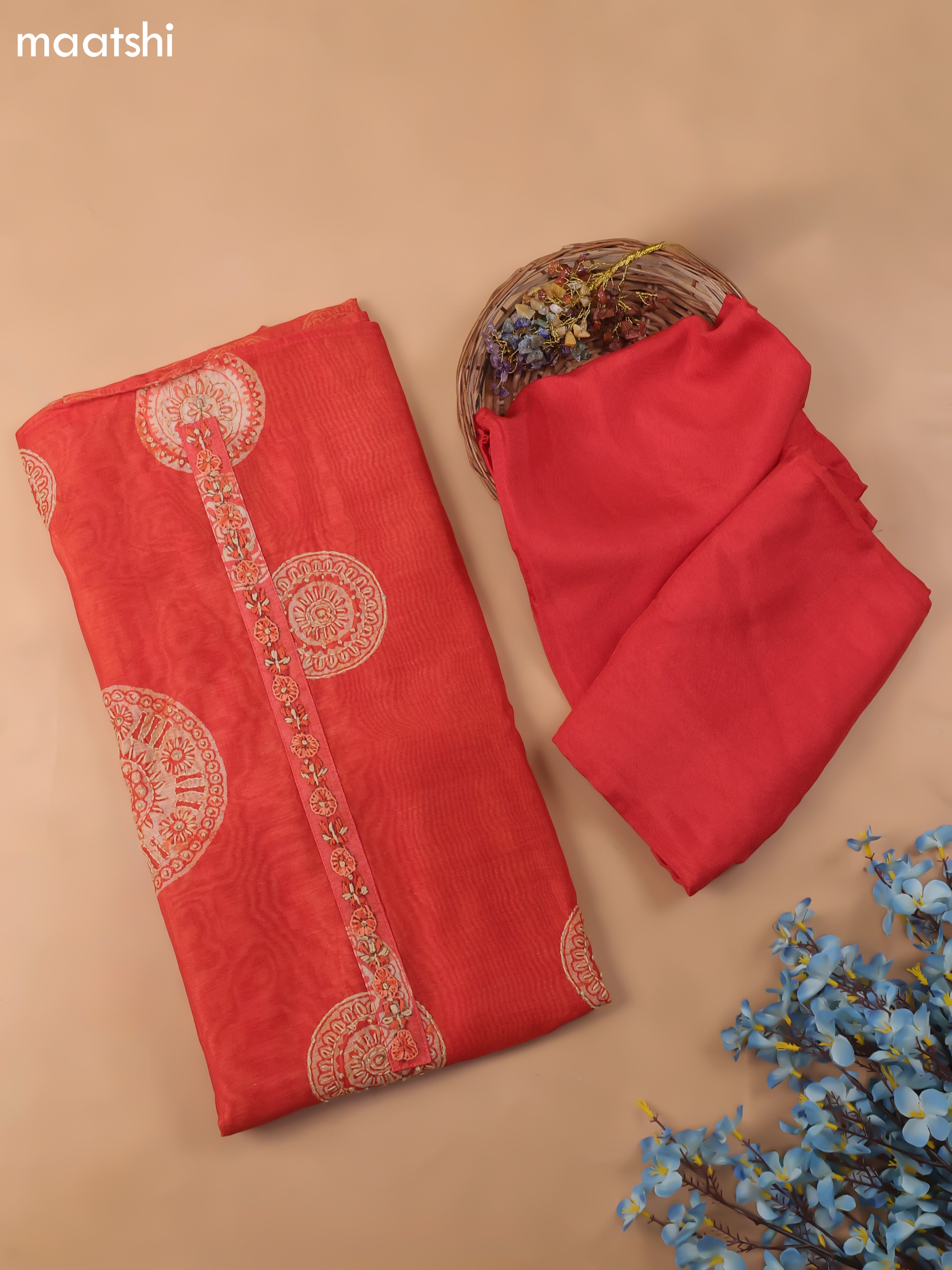 Orange Chanderi Dress Material With Kantha Stich Pattern and Bottom & Dupatta