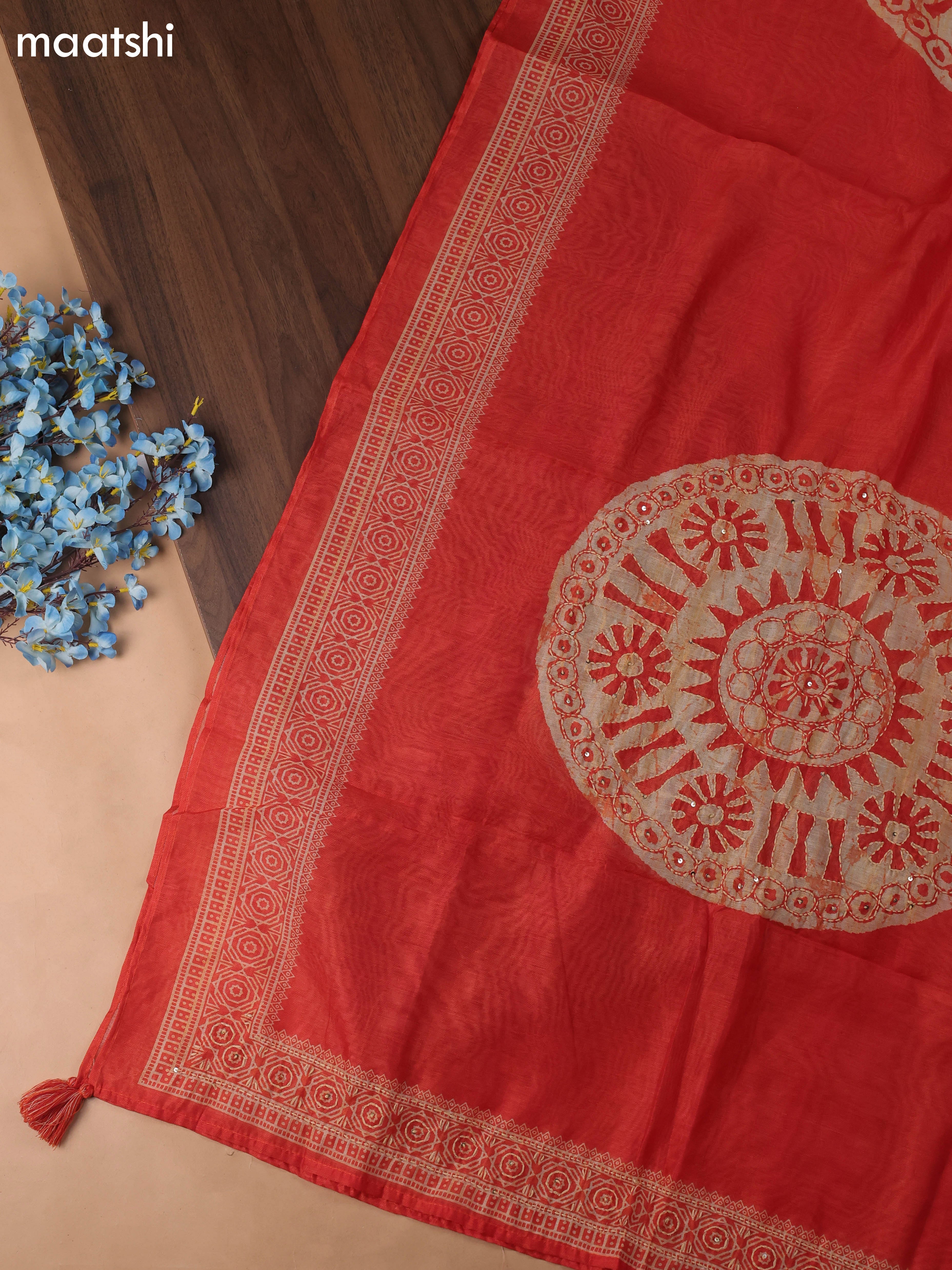 Orange Chanderi Dress Material With Kantha Stich Pattern and Bottom & Dupatta