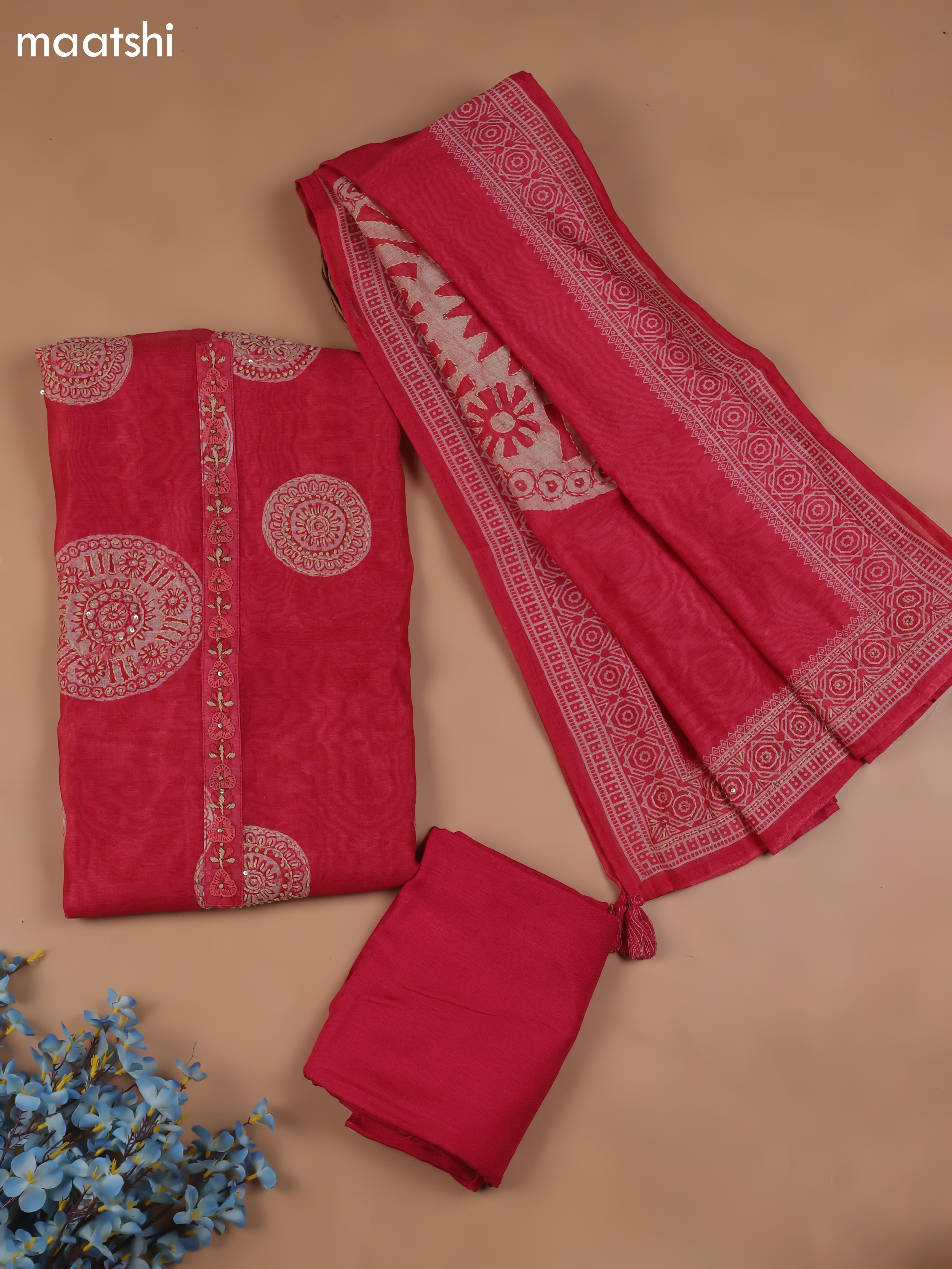 Candy Pink Chanderi Dress Material With Kantha Stich Pattern and Bottom & Dupatta
