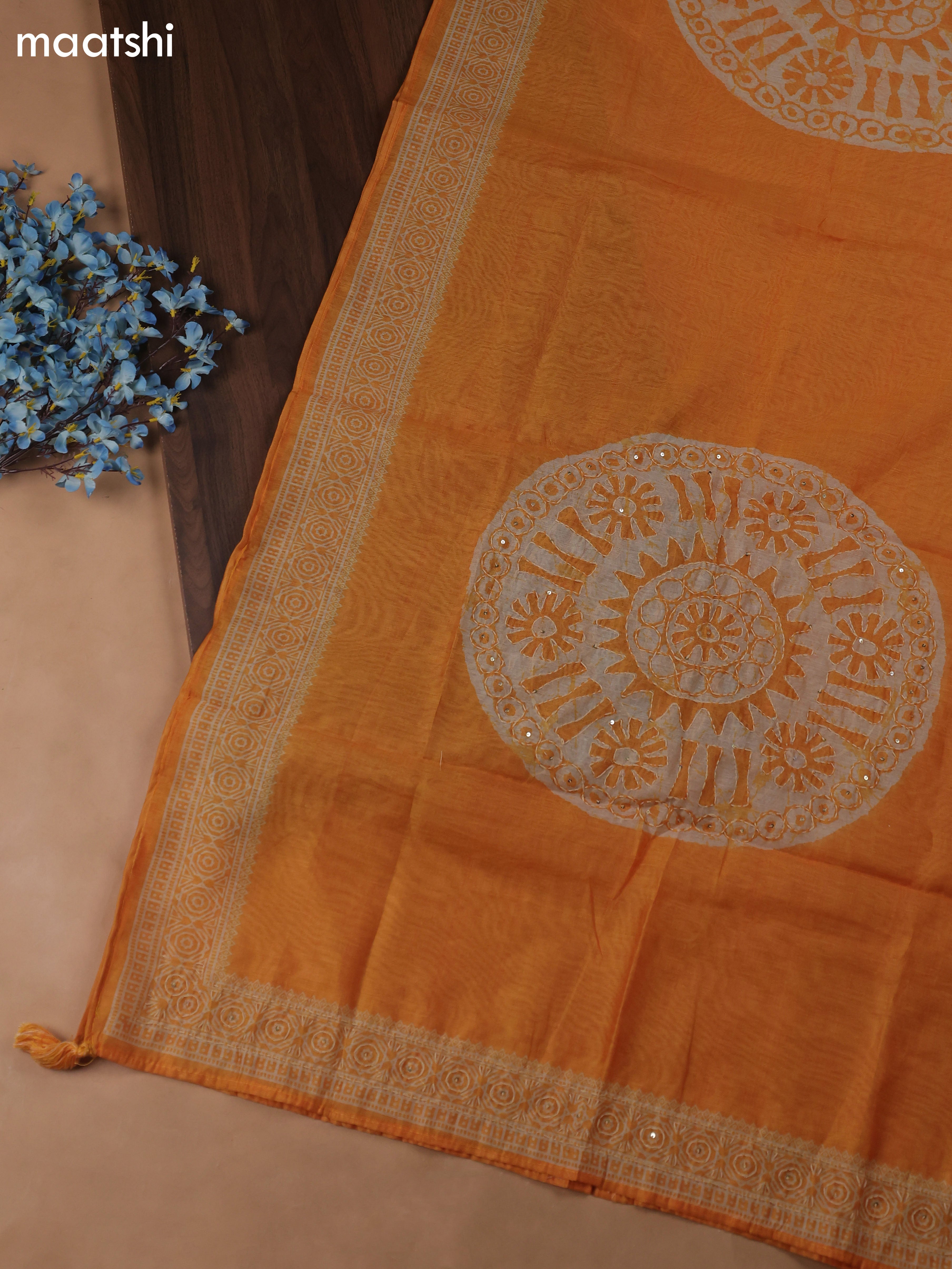 Mango Yellow Chanderi Dress Material With Kantha Stich Pattern and Bottom & Dupatta