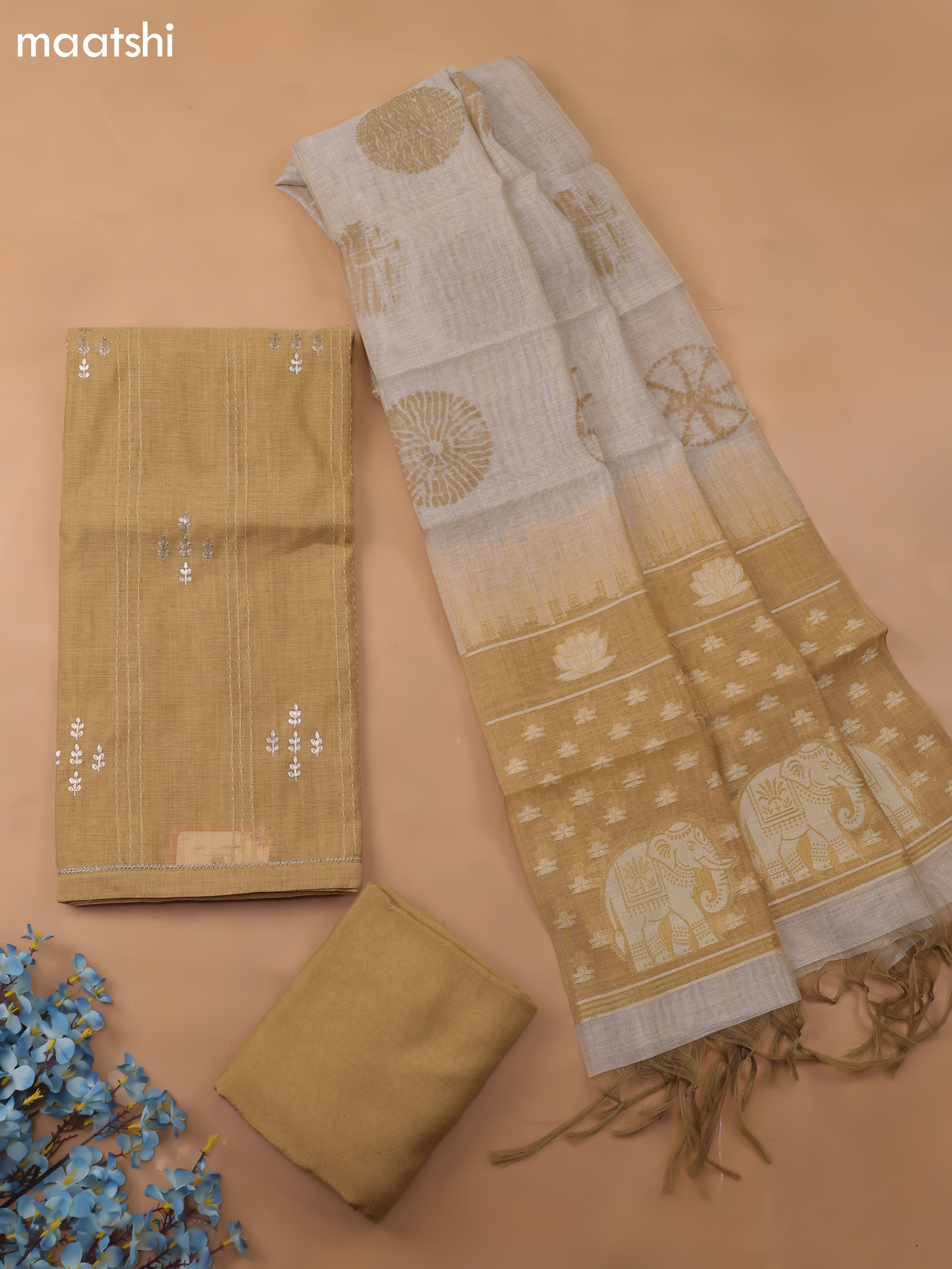 Sandal Chanderi Dress Material With Kantha Work Stitch Pattern and Bottom & Dupatta