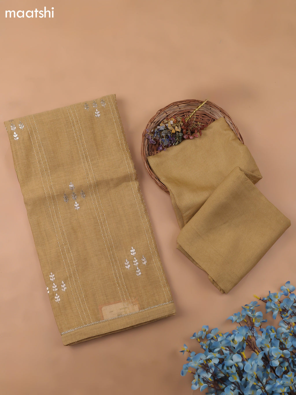 Sandal Chanderi Dress Material With Kantha Work Stitch Pattern and Bottom & Dupatta
