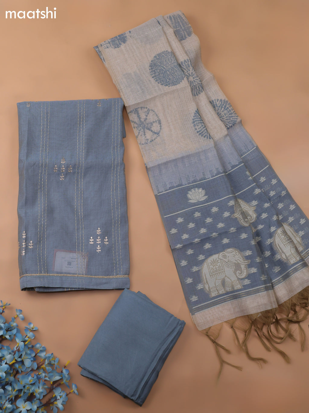 Grayish Blue Chanderi Dress Material With Kantha Work Stitch Pattern and Bottom & Dupatta