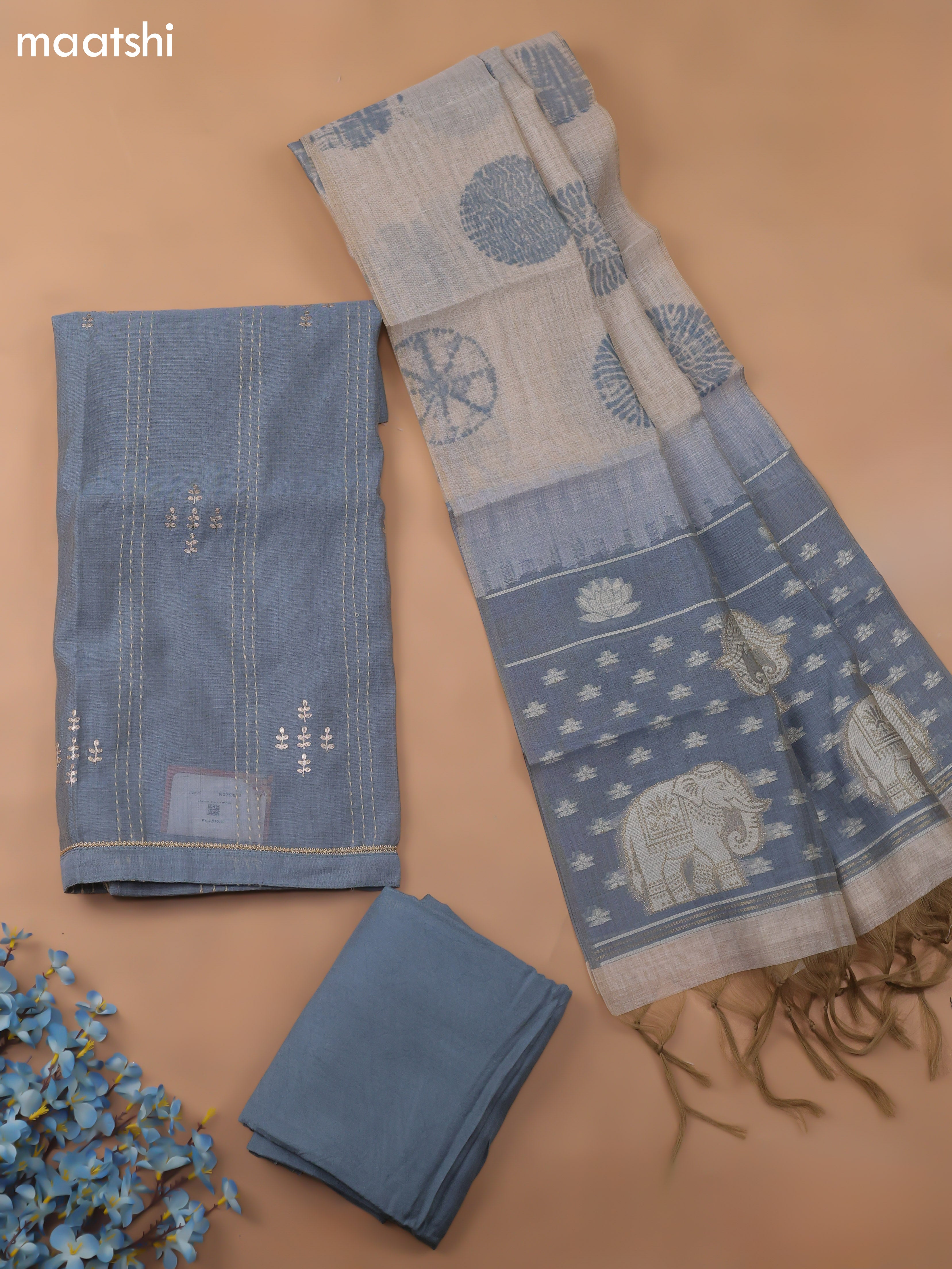 Grayish Blue Chanderi Dress Material With Kantha Work Stitch Pattern and Bottom & Dupatta