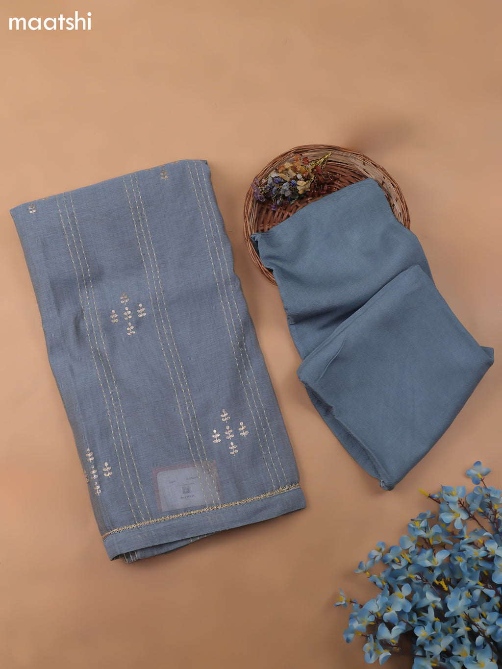 Grayish Blue Chanderi Dress Material With Kantha Work Stitch Pattern and Bottom & Dupatta