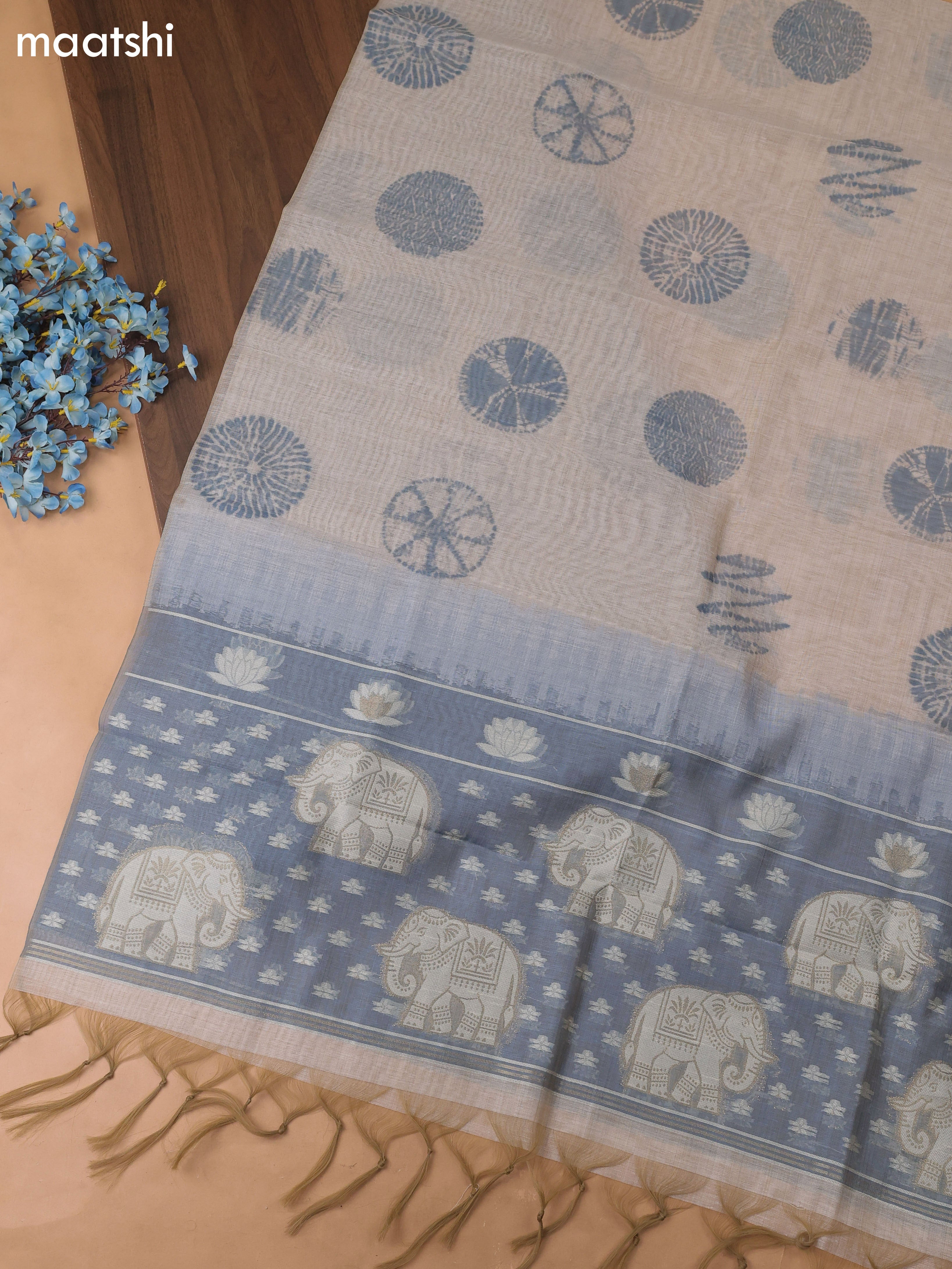 Grayish Blue Chanderi Dress Material With Kantha Work Stitch Pattern and Bottom & Dupatta