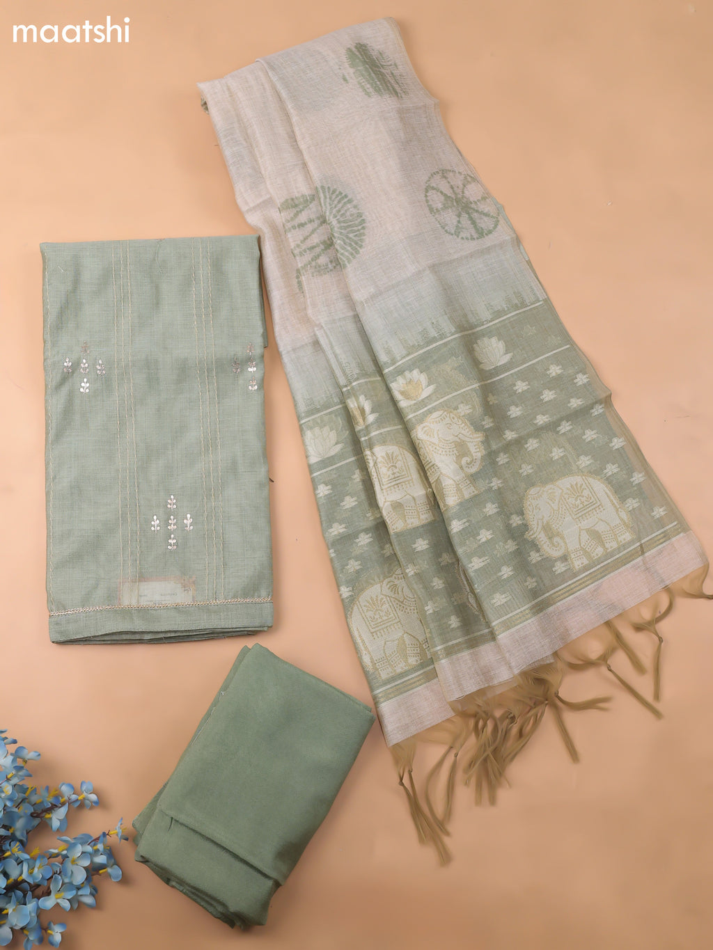 Green Chanderi Dress Material With Kantha Work Stitch Pattern and Bottom & Dupatta