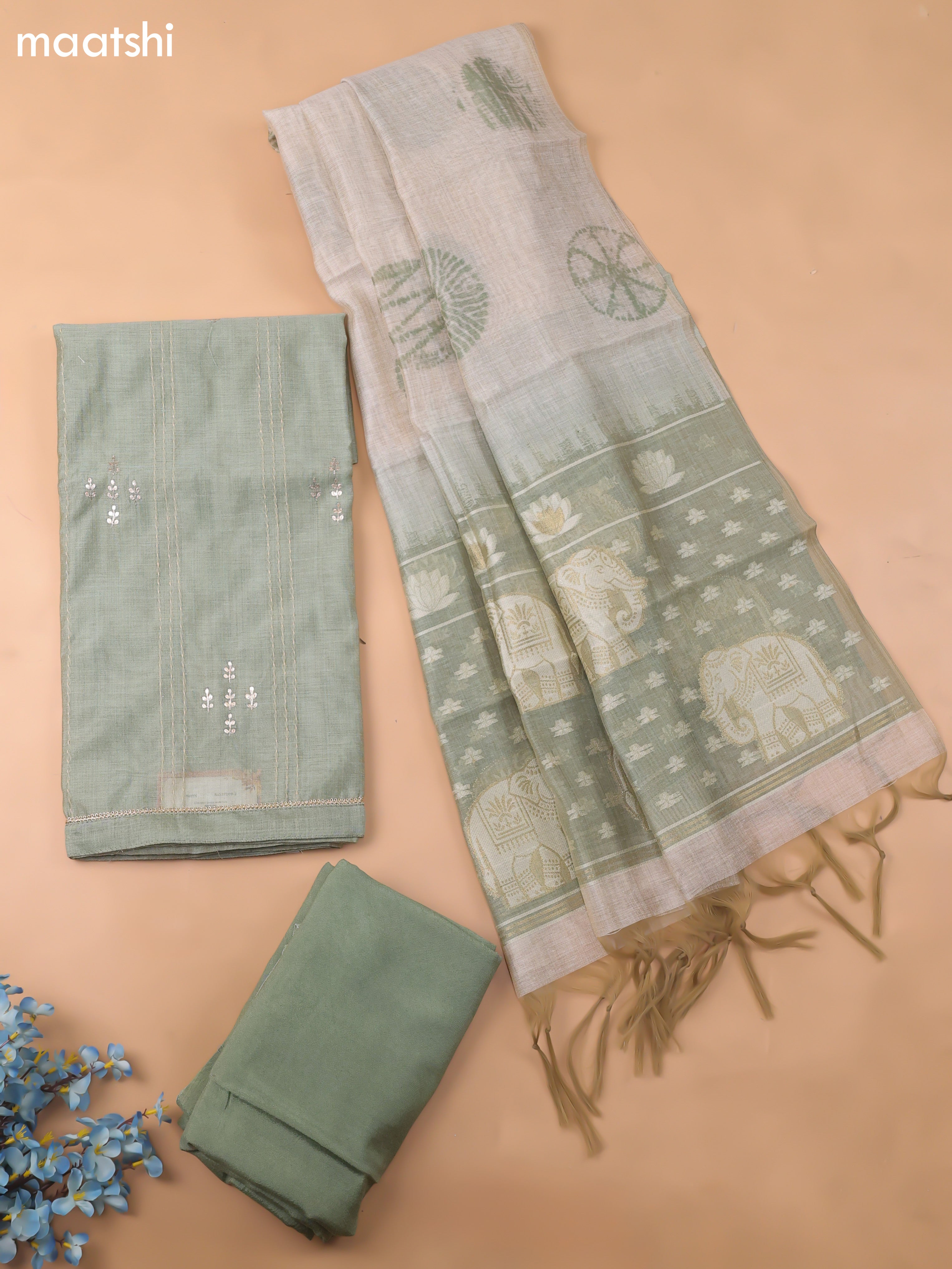Green Chanderi Dress Material With Kantha Work Stitch Pattern and Bottom & Dupatta