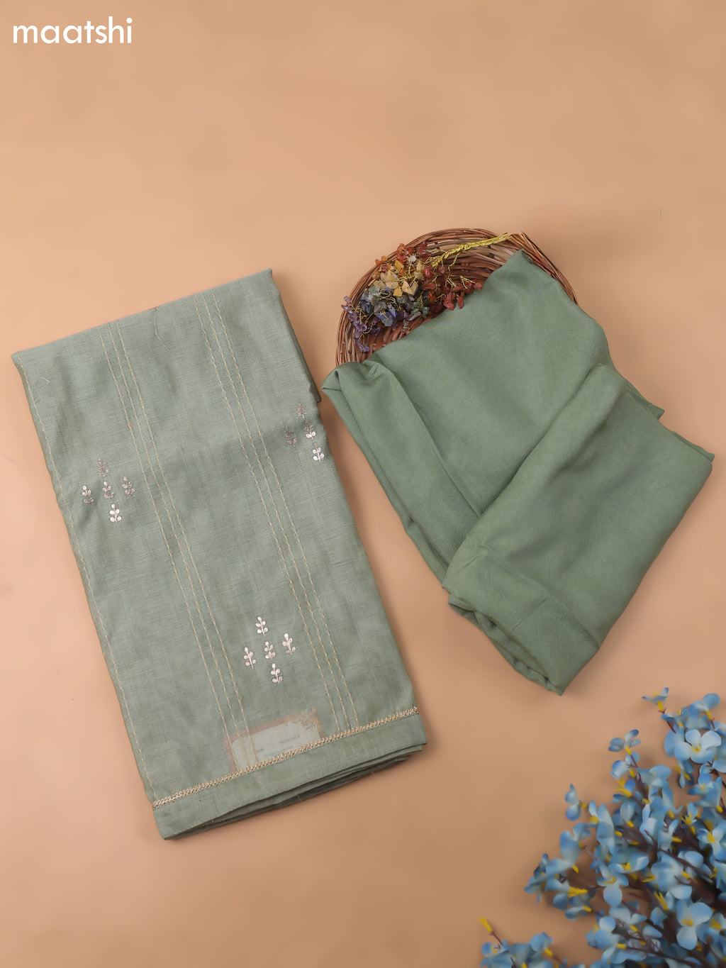 Green Chanderi Dress Material With Kantha Work Stitch Pattern and Bottom & Dupatta