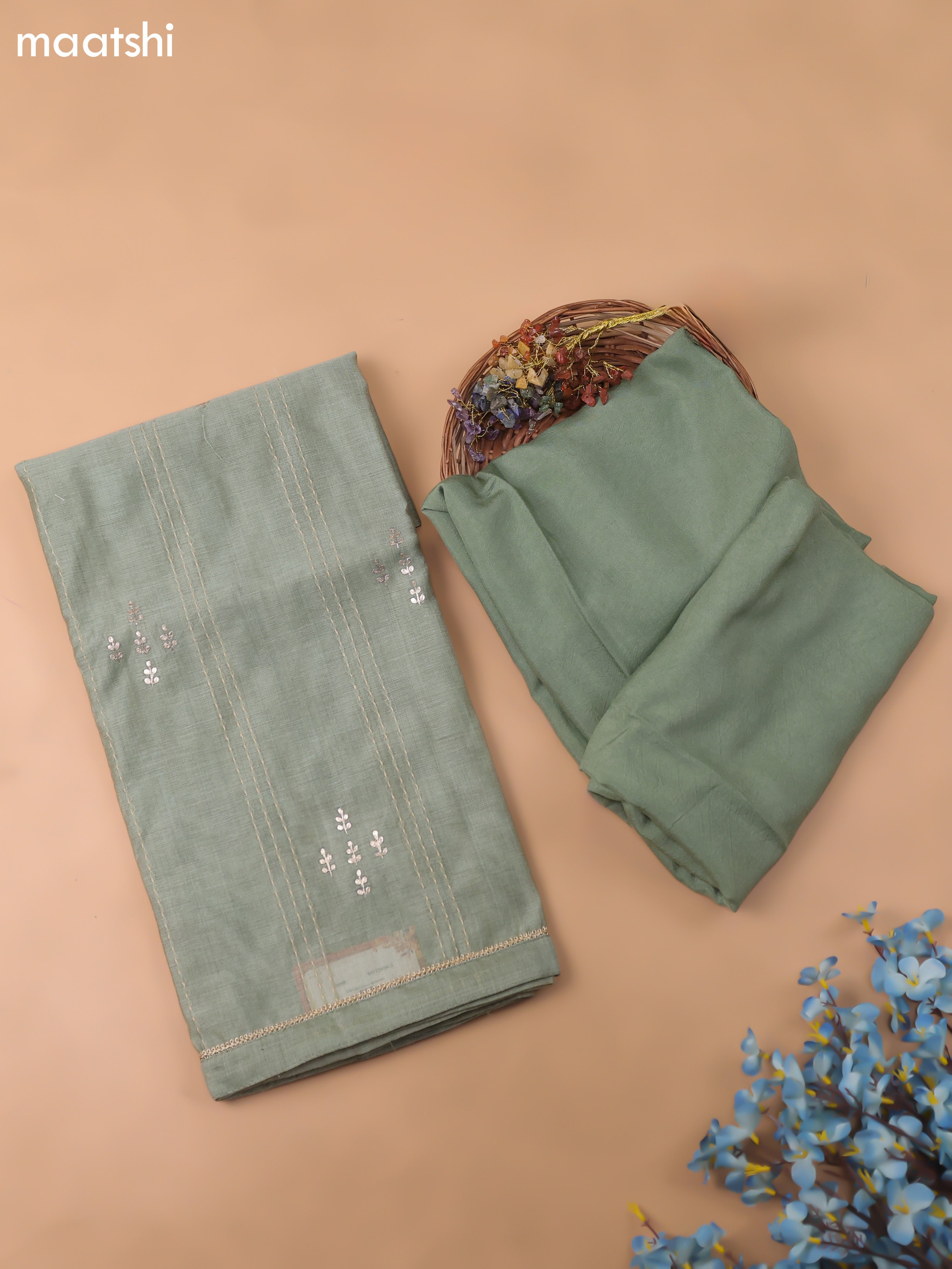 Green Chanderi Dress Material With Kantha Work Stitch Pattern and Bottom & Dupatta
