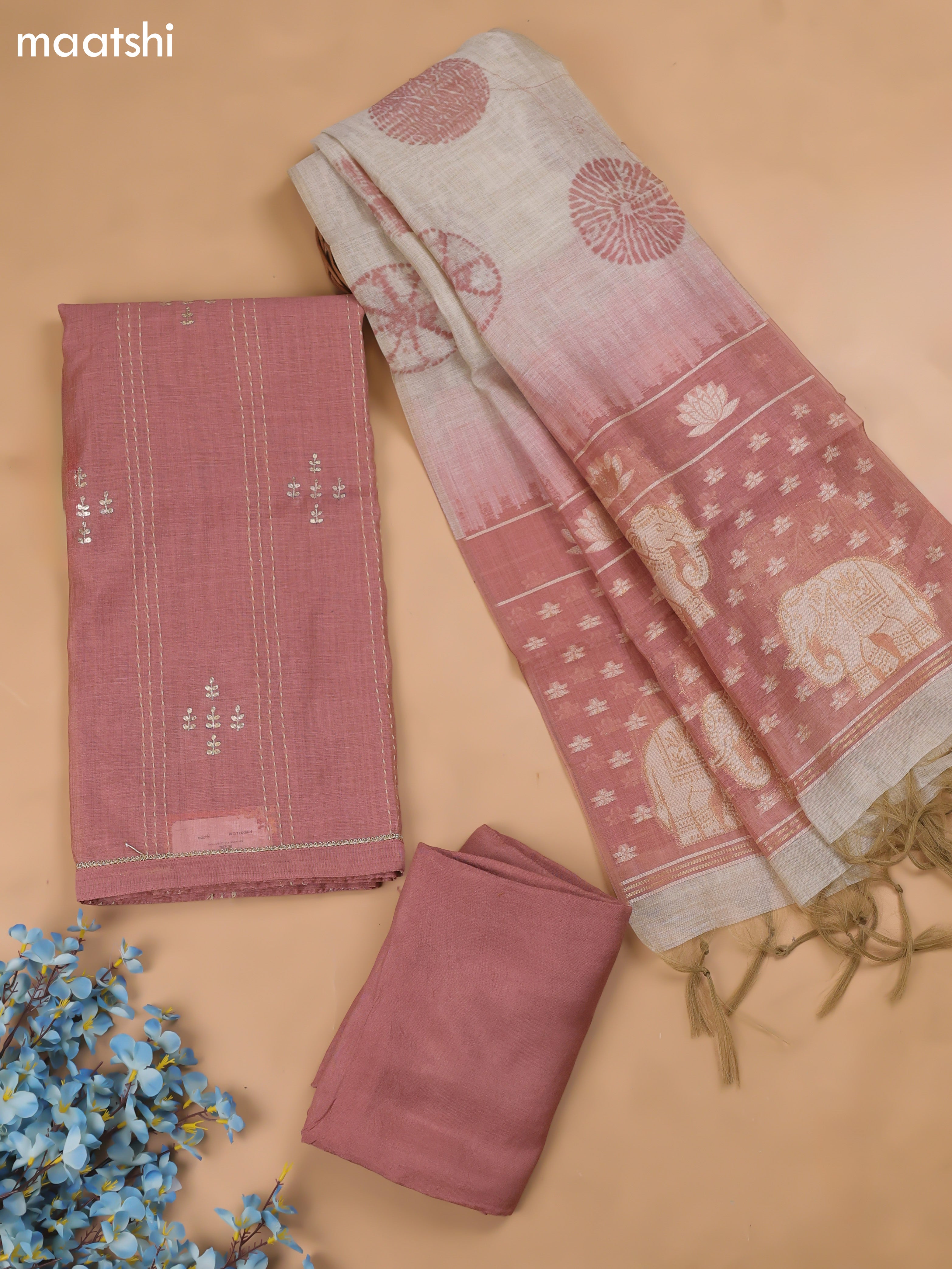 Dark Peach Chanderi Dress Material With Kantha Work Stitch Pattern and Bottom & Dupatta
