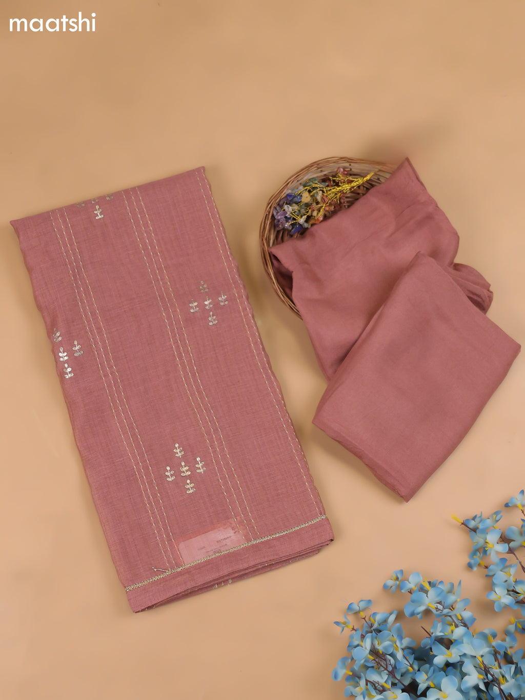 Dark Peach Chanderi Dress Material With Kantha Work Stitch Pattern and Bottom & Dupatta