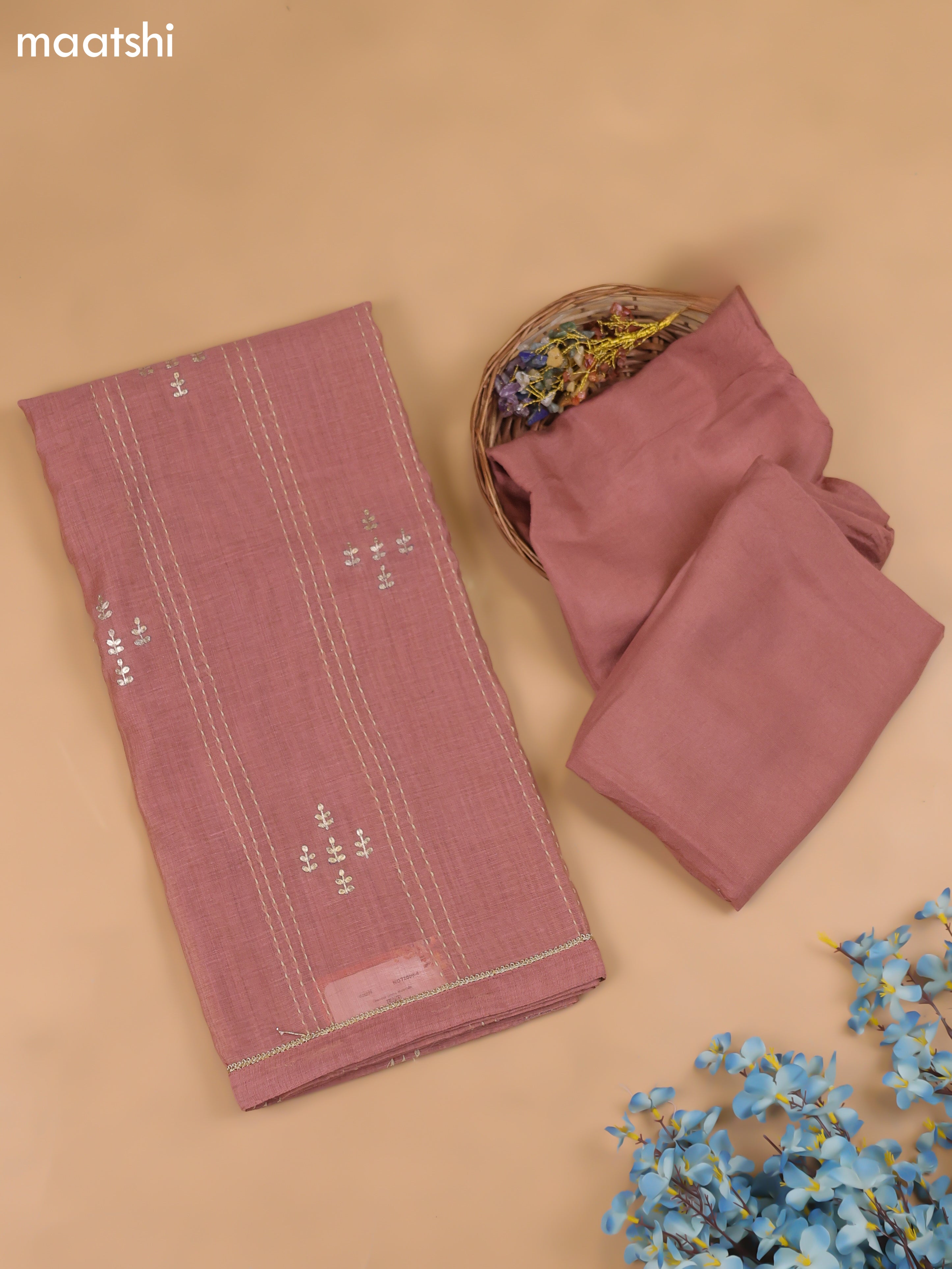 Dark Peach Chanderi Dress Material With Kantha Work Stitch Pattern and Bottom & Dupatta