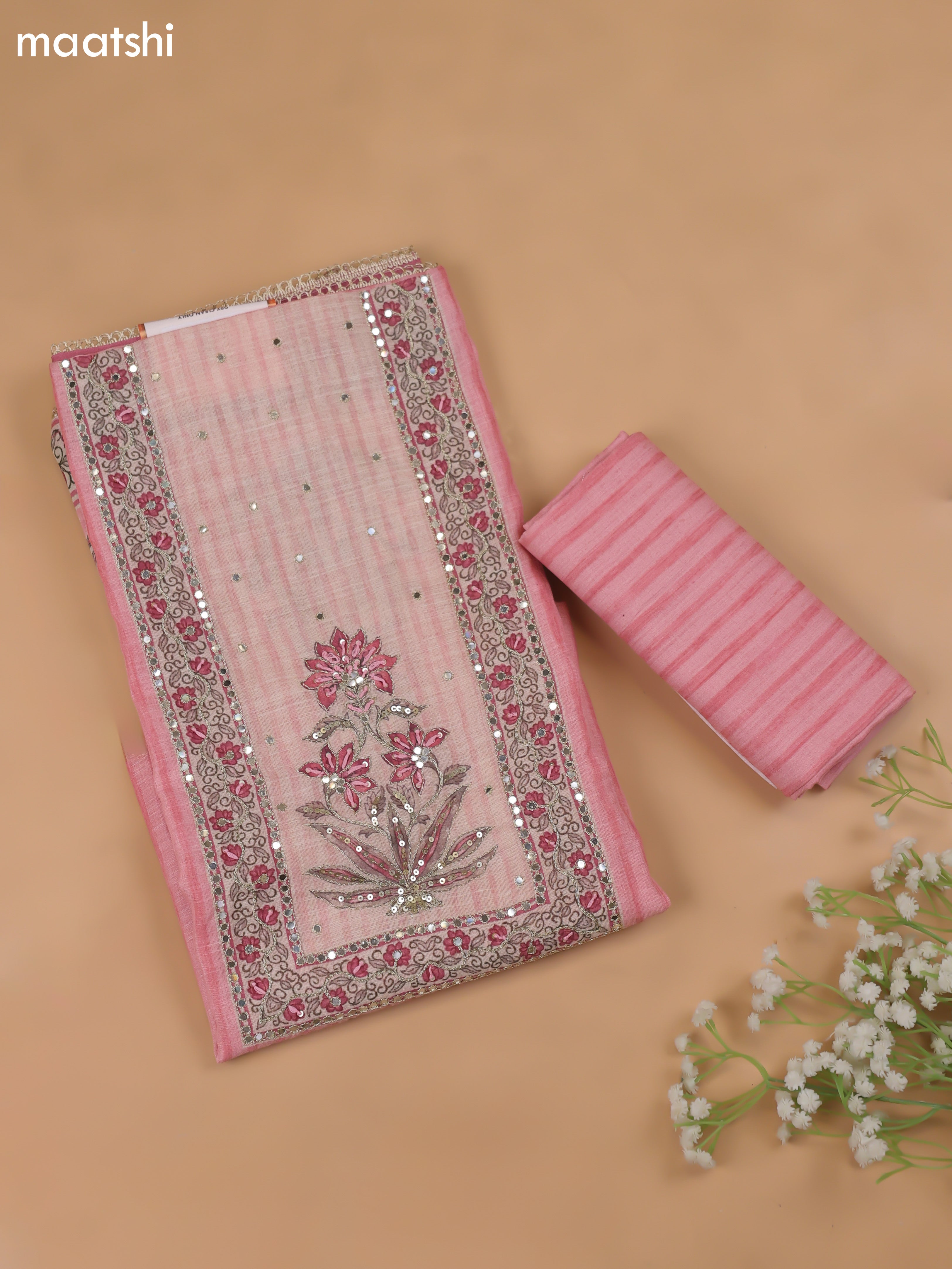 Pink Linen Cotton Dress Material With Pitta Work Neck Pattern and Bottom & Dupatta