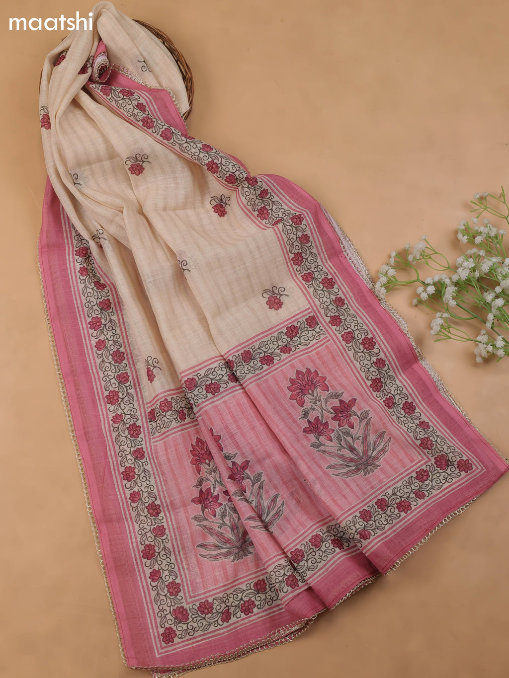 Pink Linen Cotton Dress Material With Pitta Work Neck Pattern and Bottom & Dupatta